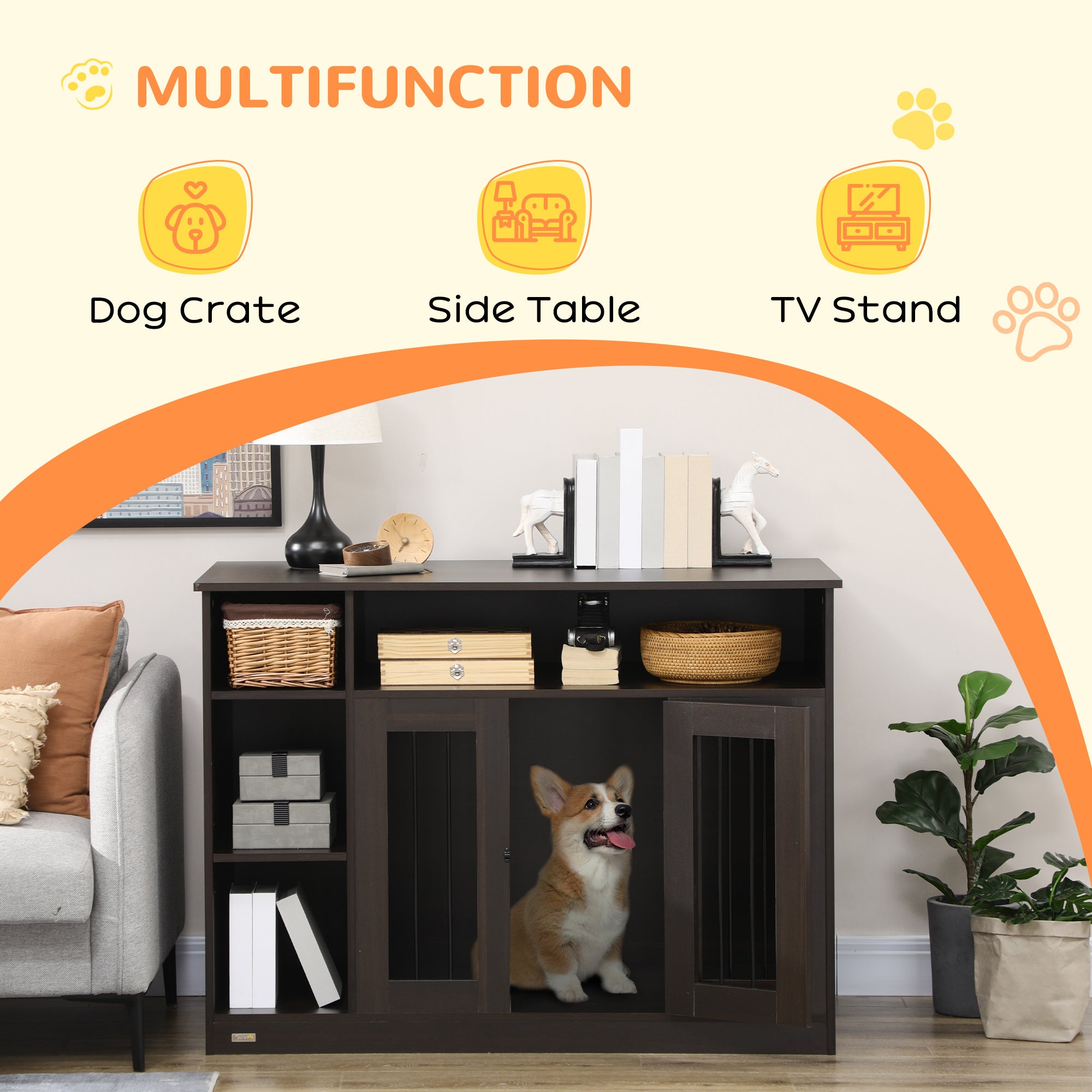 PawHut Dog Crate Furniture with Adjustable Shelf, Dog Kennel End Table, Indoor Pet Crate for Medium and Large Dogs, with Large Flat Surface, 47" x 23.5" x 35", Brown