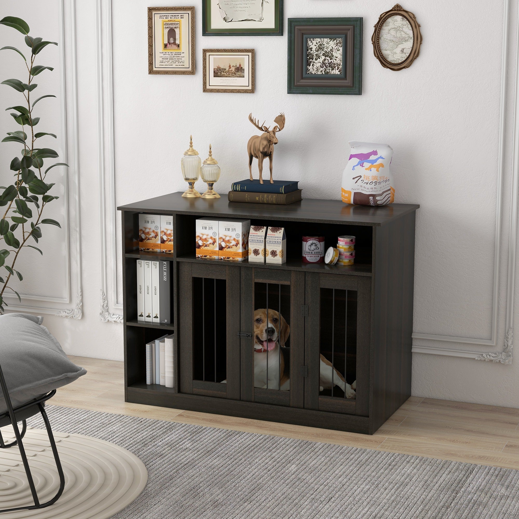 PawHut Dog Crate Furniture with Adjustable Shelf, Dog Kennel End Table, Indoor Pet Crate for Medium and Large Dogs, with Large Flat Surface, 47" x 23.5" x 35", Brown