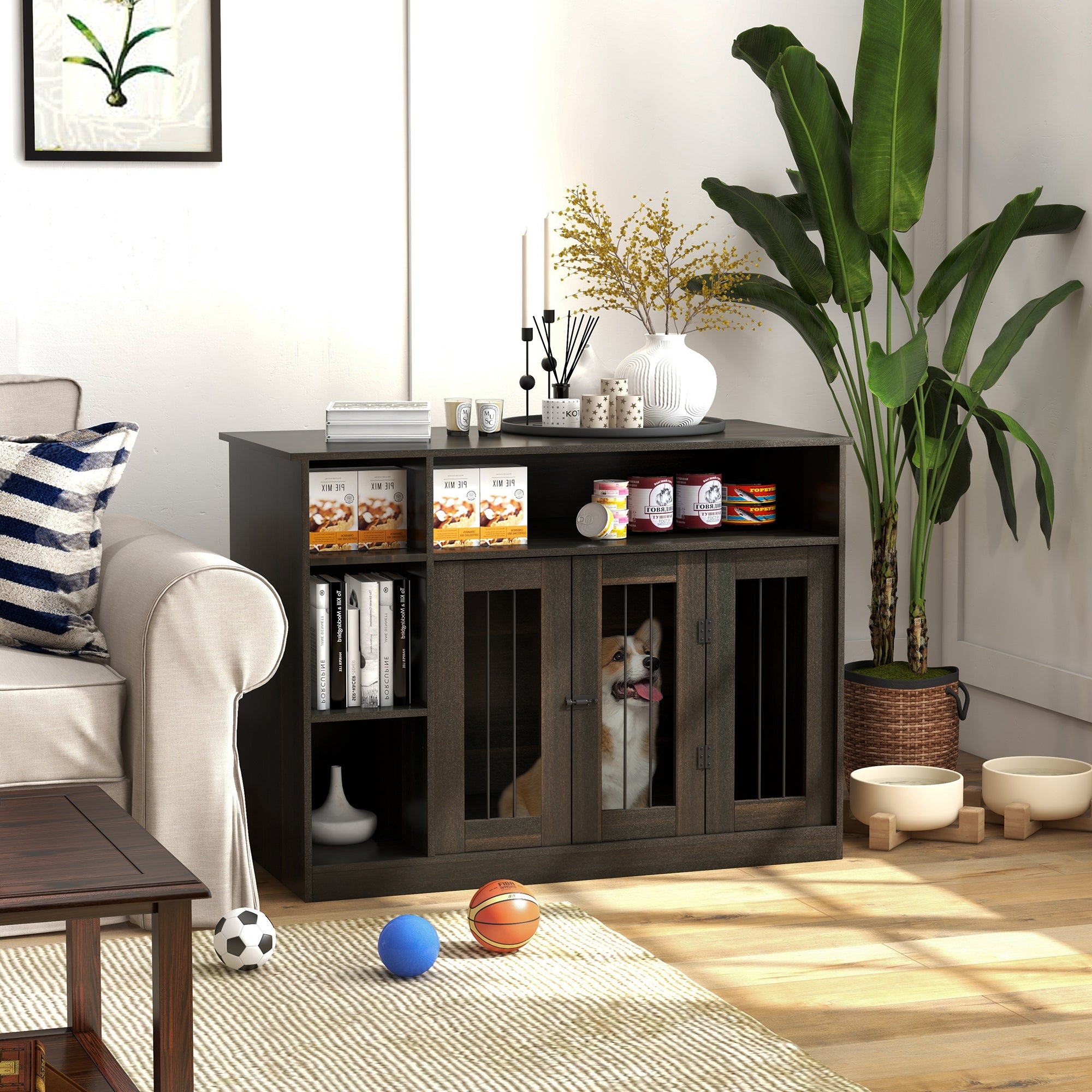 PawHut Dog Crate Furniture with Adjustable Shelf, Dog Kennel End Table, Indoor Pet Crate for Medium and Large Dogs, with Large Flat Surface, 47" x 23.5" x 35", Brown