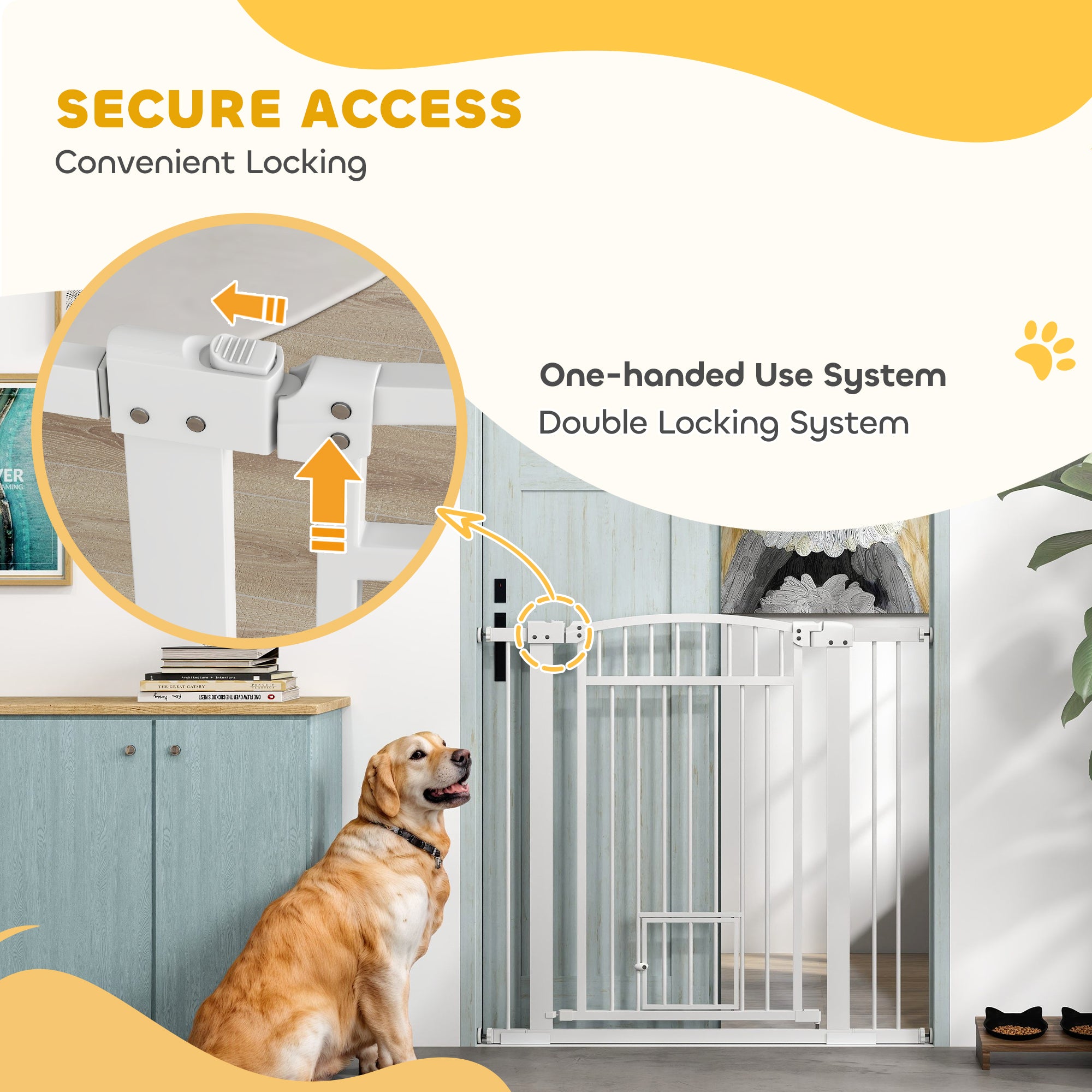 PawHut Pet Gate Indoor with Cat Door, 30"-41" Dog Gate, Extra Wide Walk Through Puppy Gate, 3-Inch and 5.5-Inch Extension Kits, Pressure or Hardware Mounted for Stairway, Doorway, Hallway, 37" High