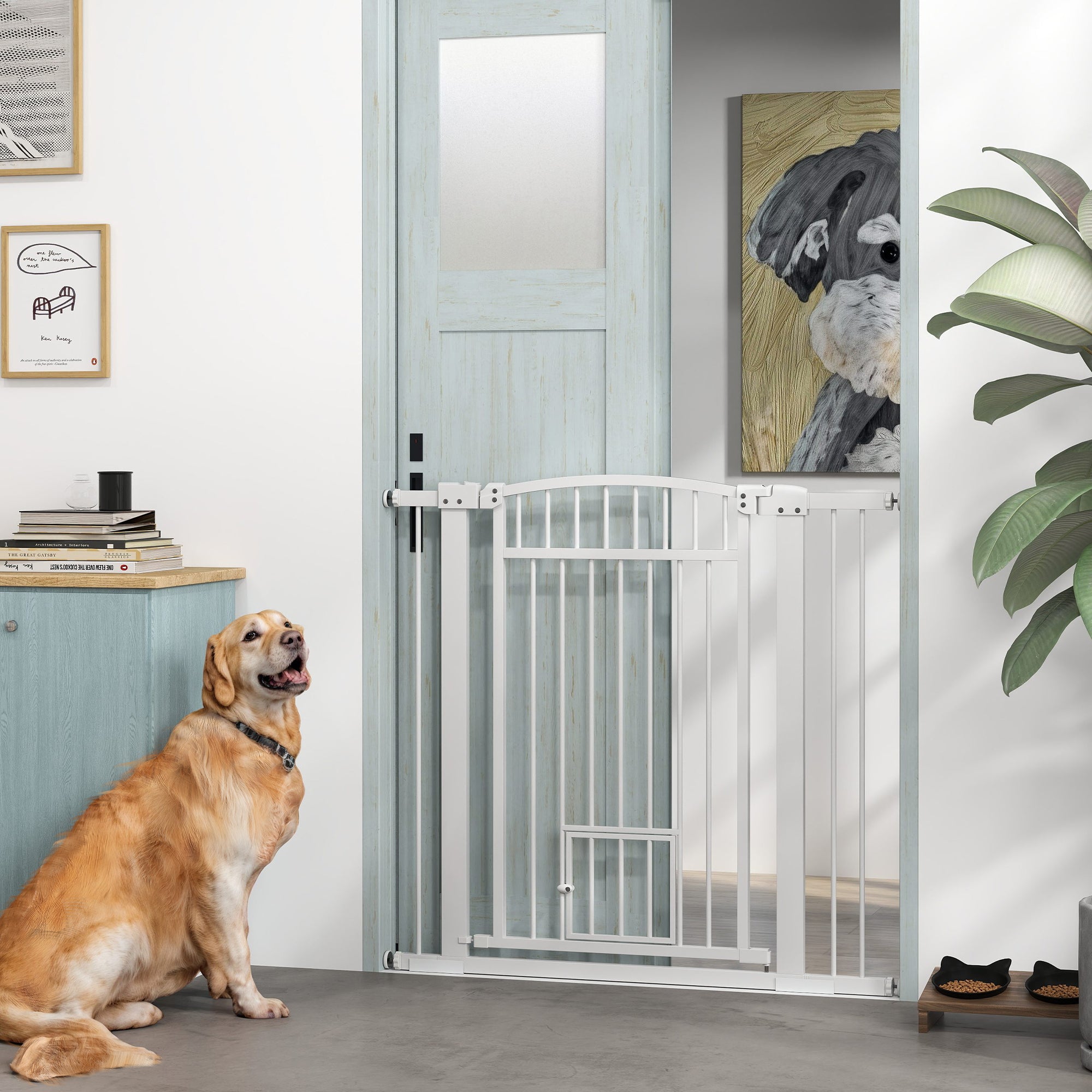 PawHut Pet Gate Indoor with Cat Door, 30"-41" Dog Gate, Extra Wide Walk Through Puppy Gate, 3-Inch and 5.5-Inch Extension Kits, Pressure or Hardware Mounted for Stairway, Doorway, Hallway, 37" High