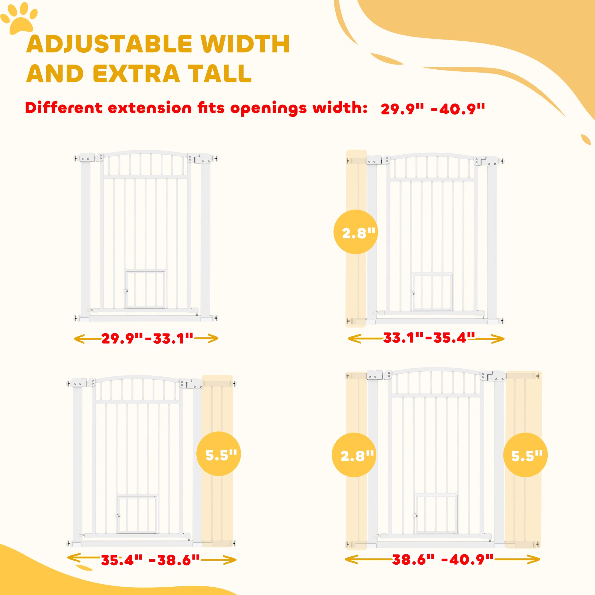 PawHut Pet Gate Indoor with Cat Door, 30"-41" Dog Gate, Extra Wide Walk Through Puppy Gate, 3-Inch and 5.5-Inch Extension Kits, Pressure or Hardware Mounted for Stairway, Doorway, Hallway, 37" High