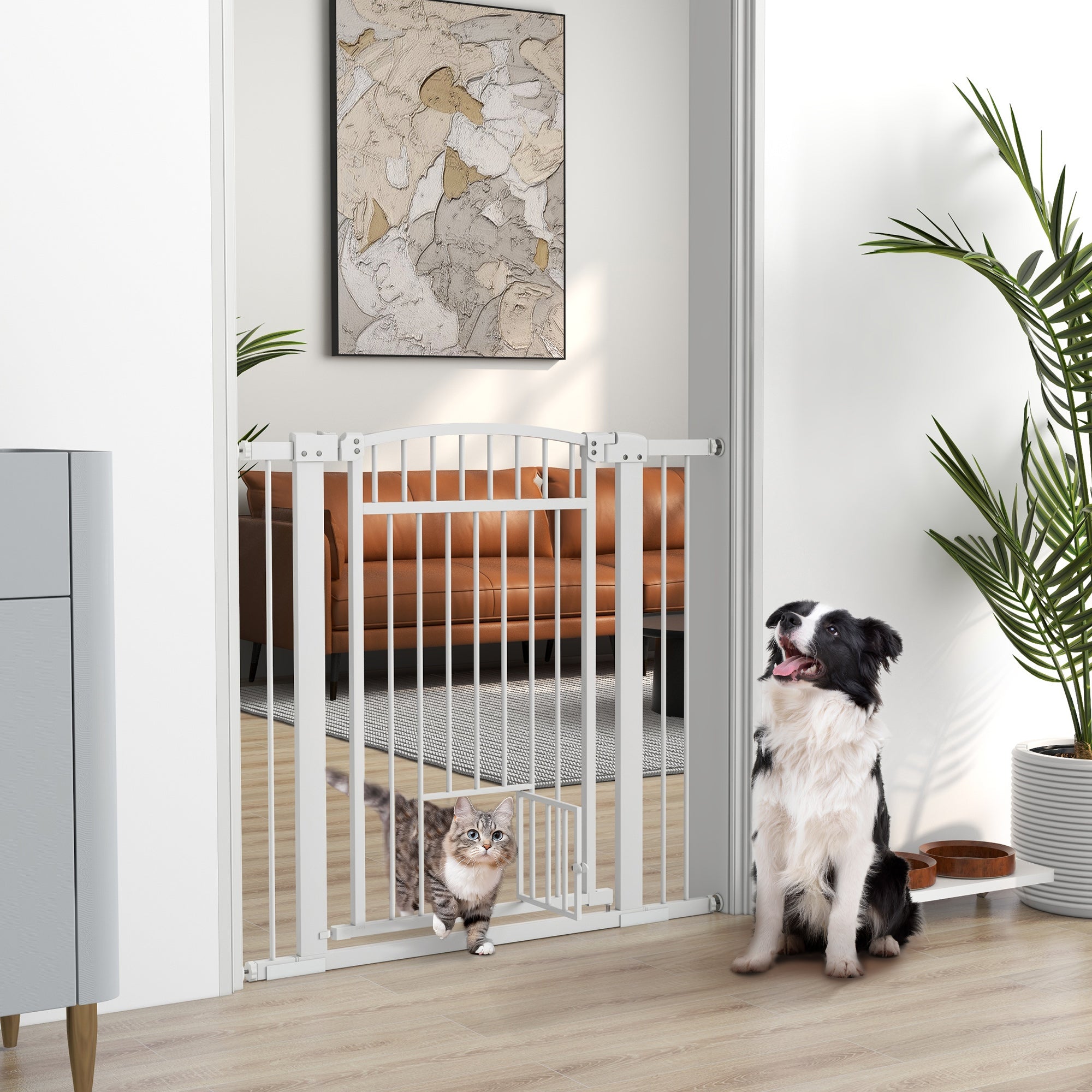PawHut Pet Gate Indoor with Cat Door, 30"-41" Dog Gate, Extra Wide Walk Through Puppy Gate, 3-Inch and 5.5-Inch Extension Kits, Pressure or Hardware Mounted for Stairway, Doorway, Hallway, 37" High