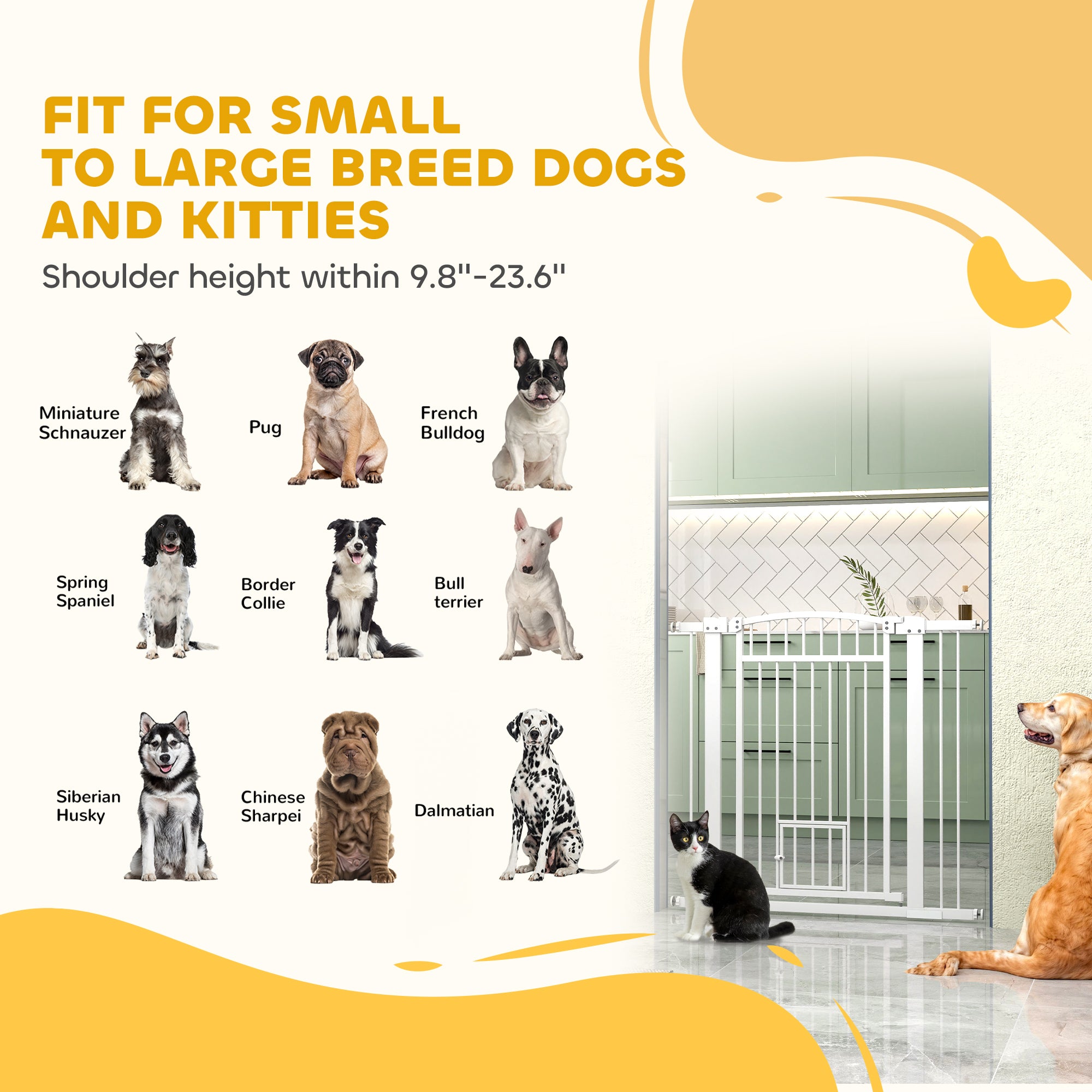 PawHut Pet Gate Indoor with Cat Door, 30"-41" Dog Gate, Extra Wide Walk Through Puppy Gate, 3-Inch and 5.5-Inch Extension Kits, Pressure or Hardware Mounted for Stairway, Doorway, Hallway, 37" High