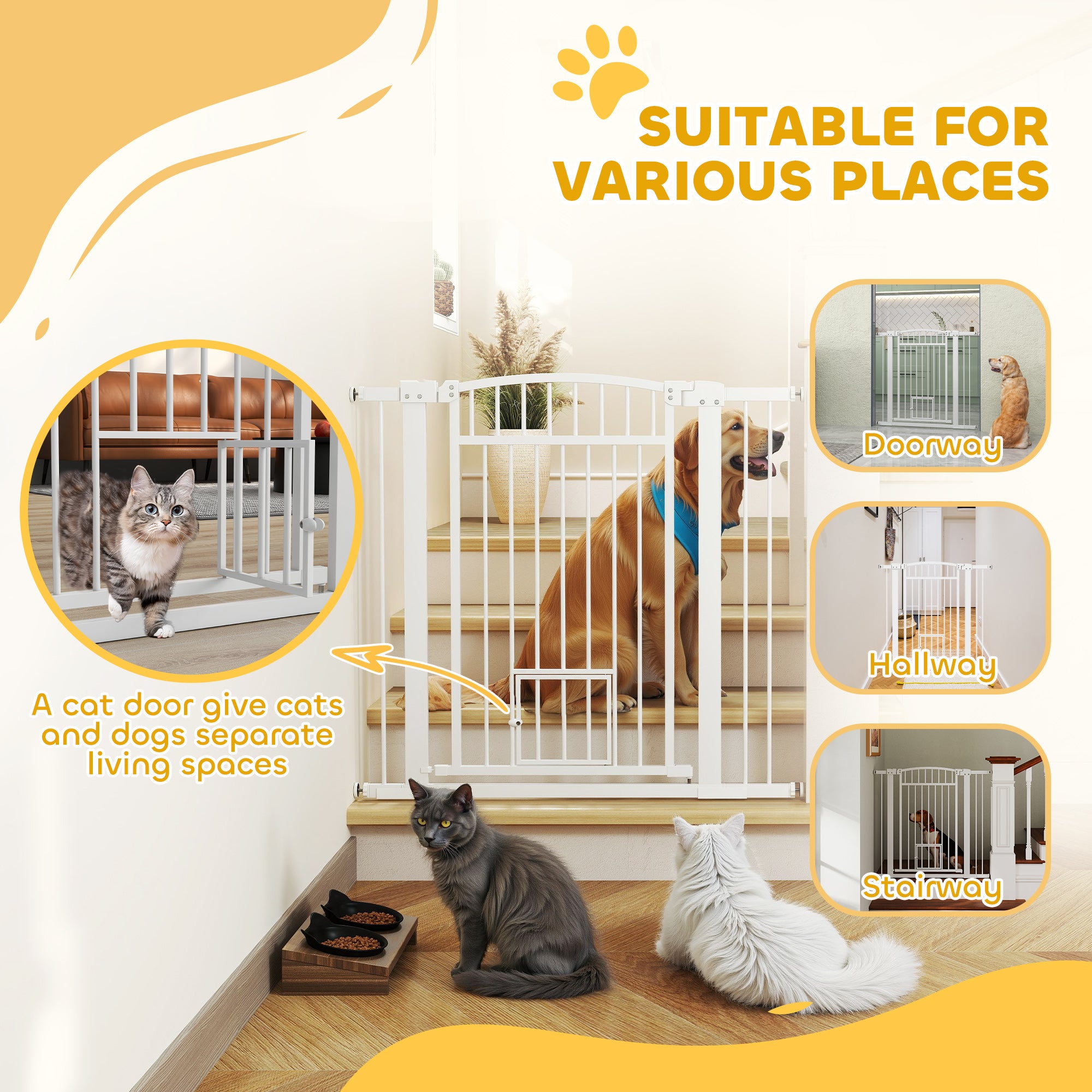 PawHut Pet Gate Indoor with Cat Door, 30"-41" Dog Gate, Extra Wide Walk Through Puppy Gate, 3-Inch and 5.5-Inch Extension Kits, Pressure or Hardware Mounted for Stairway, Doorway, Hallway, 37" High