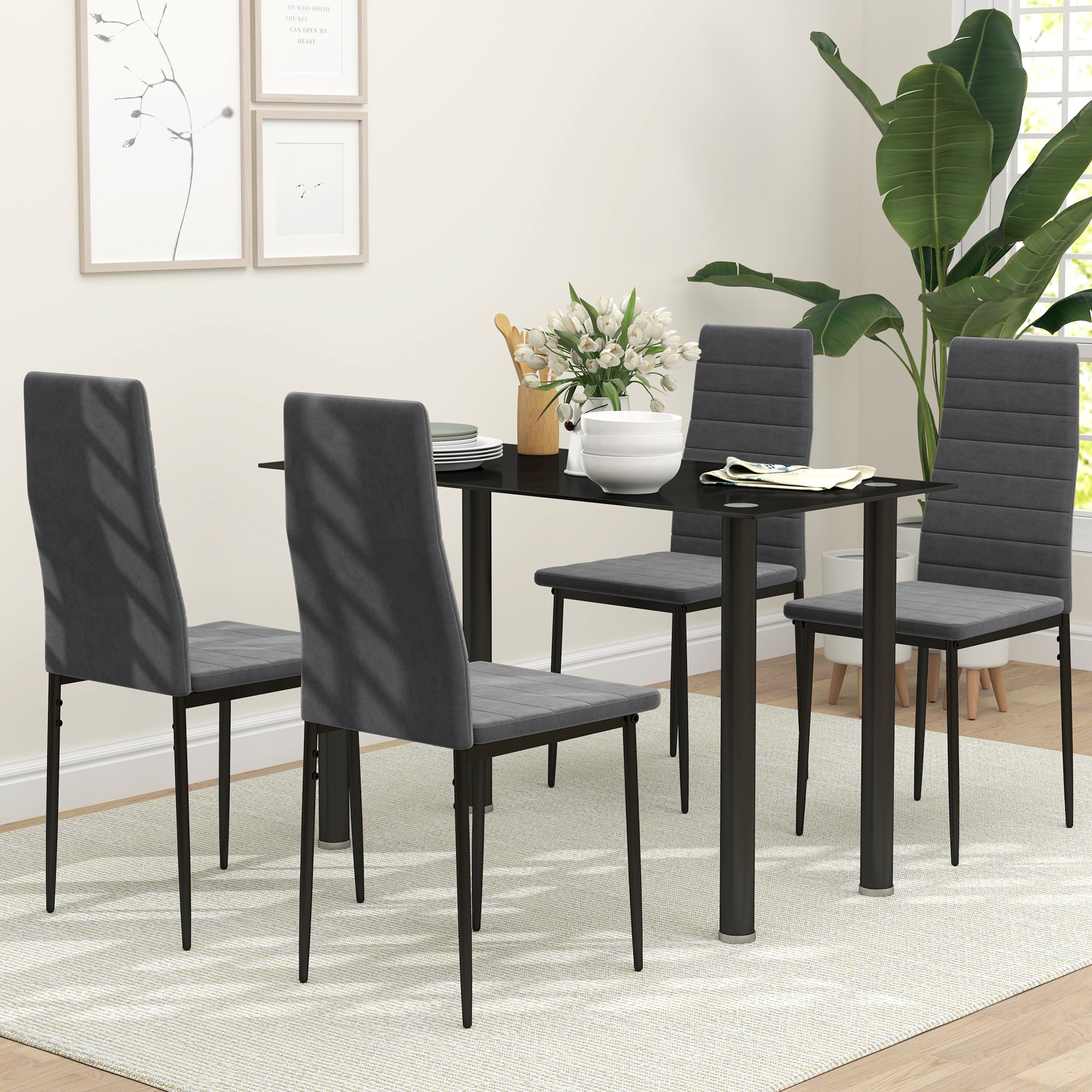 HOMCOM Modern Dining Chairs Set of 4, Upholstered Velvet Fabric Kitchen Chairs with Channel Tufting and Metal Legs for Living Room, Dining Room, Bedroom, Grey