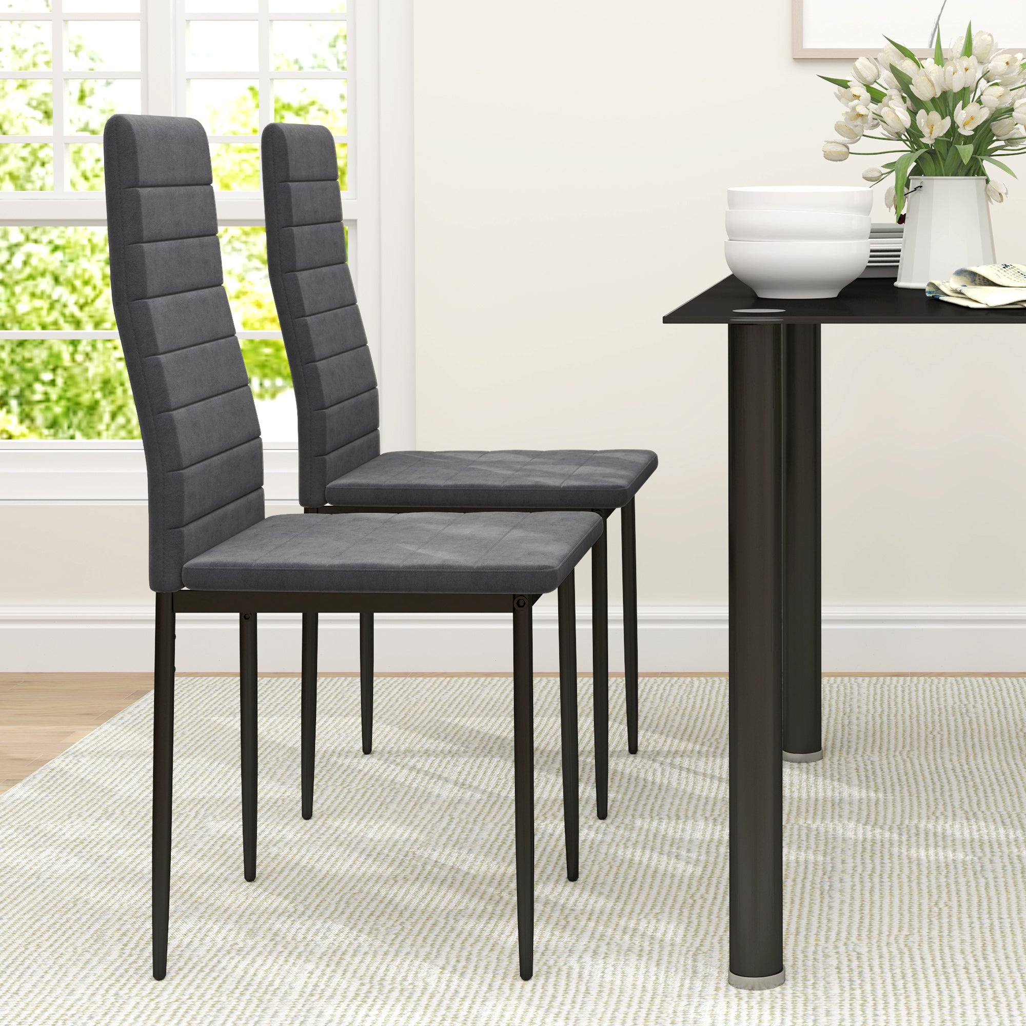HOMCOM Modern Dining Chairs Set of 4, Upholstered Velvet Fabric Kitchen Chairs with Channel Tufting and Metal Legs for Living Room, Dining Room, Bedroom, Grey