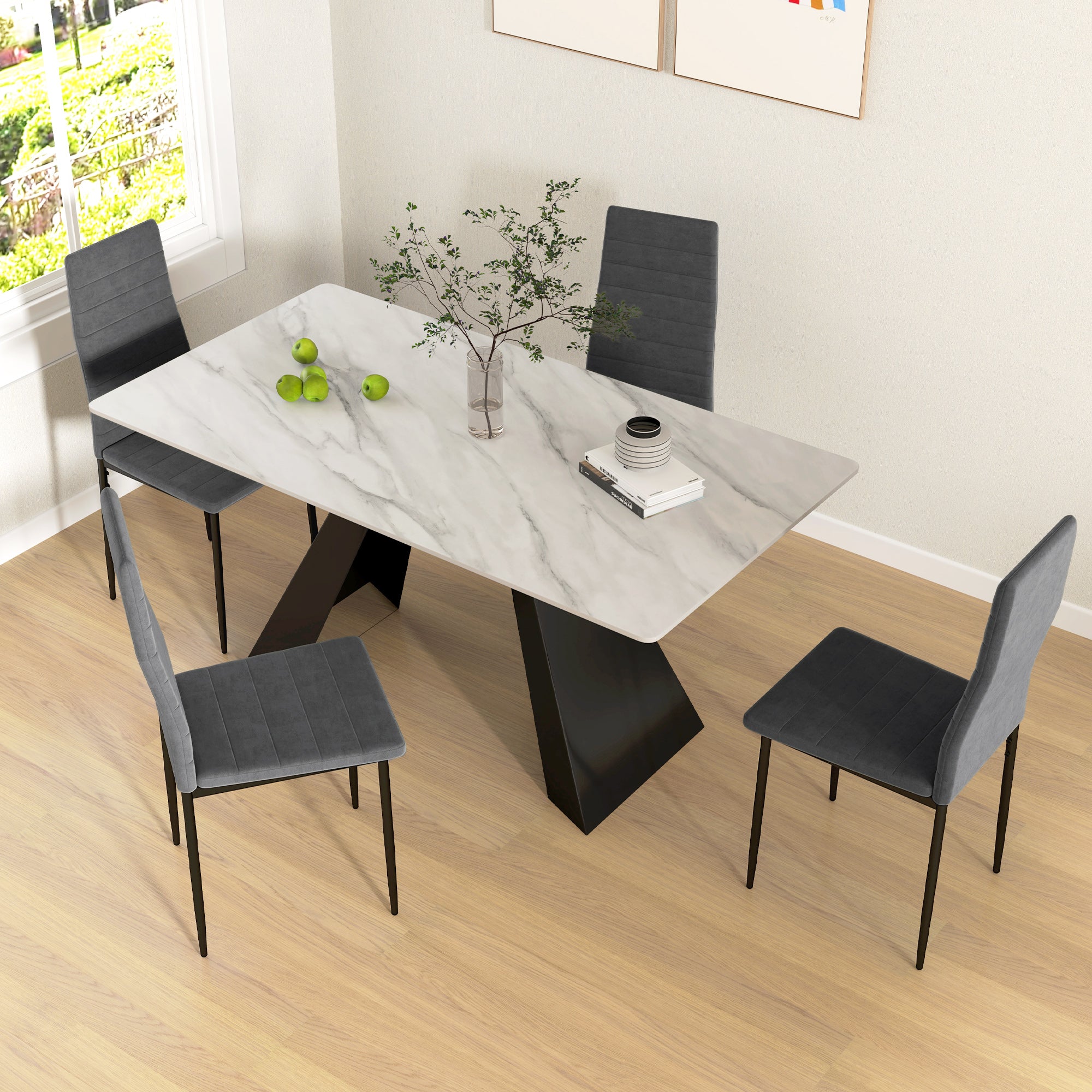 HOMCOM Modern Dining Chairs Set of 4, Upholstered Velvet Fabric Kitchen Chairs with Channel Tufting and Metal Legs for Living Room, Dining Room, Bedroom, Grey