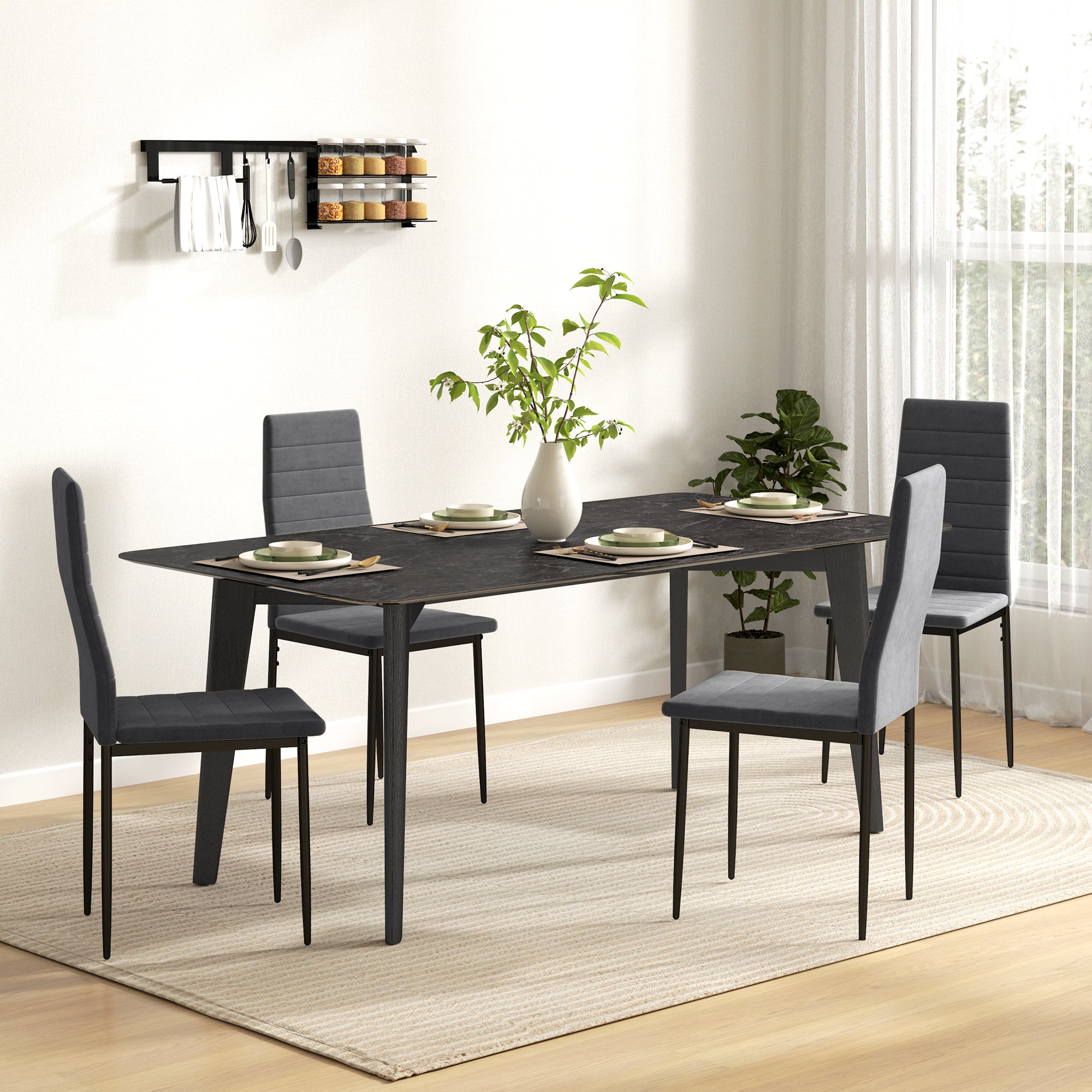 HOMCOM Modern Dining Chairs Set of 4, Upholstered Velvet Fabric Kitchen Chairs with Channel Tufting and Metal Legs for Living Room, Dining Room, Bedroom, Grey