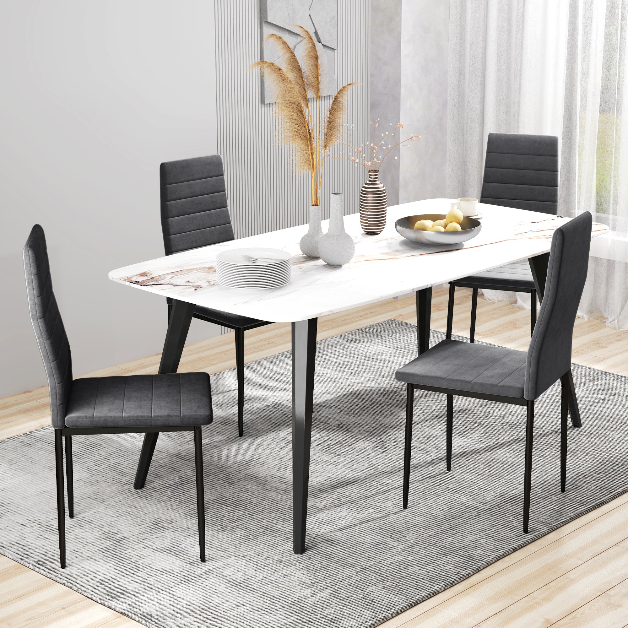 HOMCOM Modern Dining Chairs Set of 4, Upholstered Velvet Fabric Kitchen Chairs with Channel Tufting and Metal Legs for Living Room, Dining Room, Bedroom, Grey
