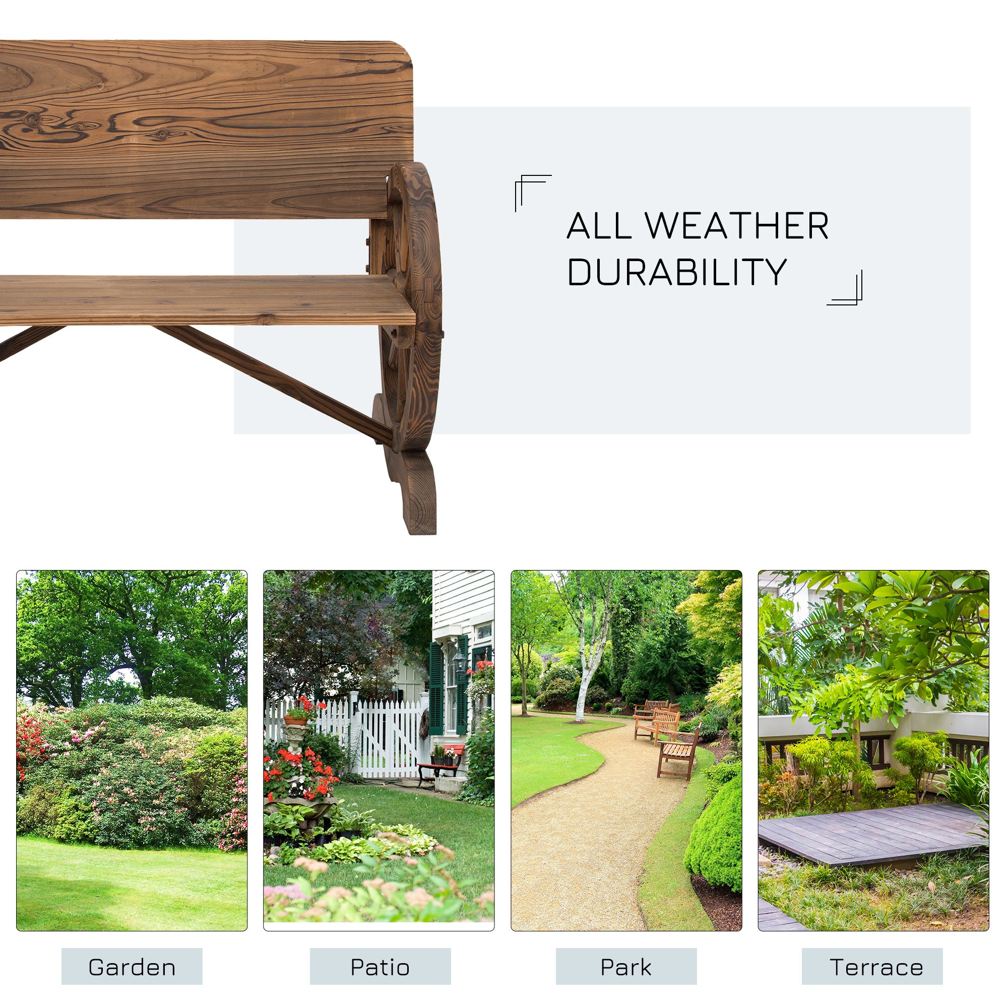 Outsunny Wooden Wagon Wheel Bench Rustic Design 2 Seater Garden Outdoor Chair High Back Loveseat