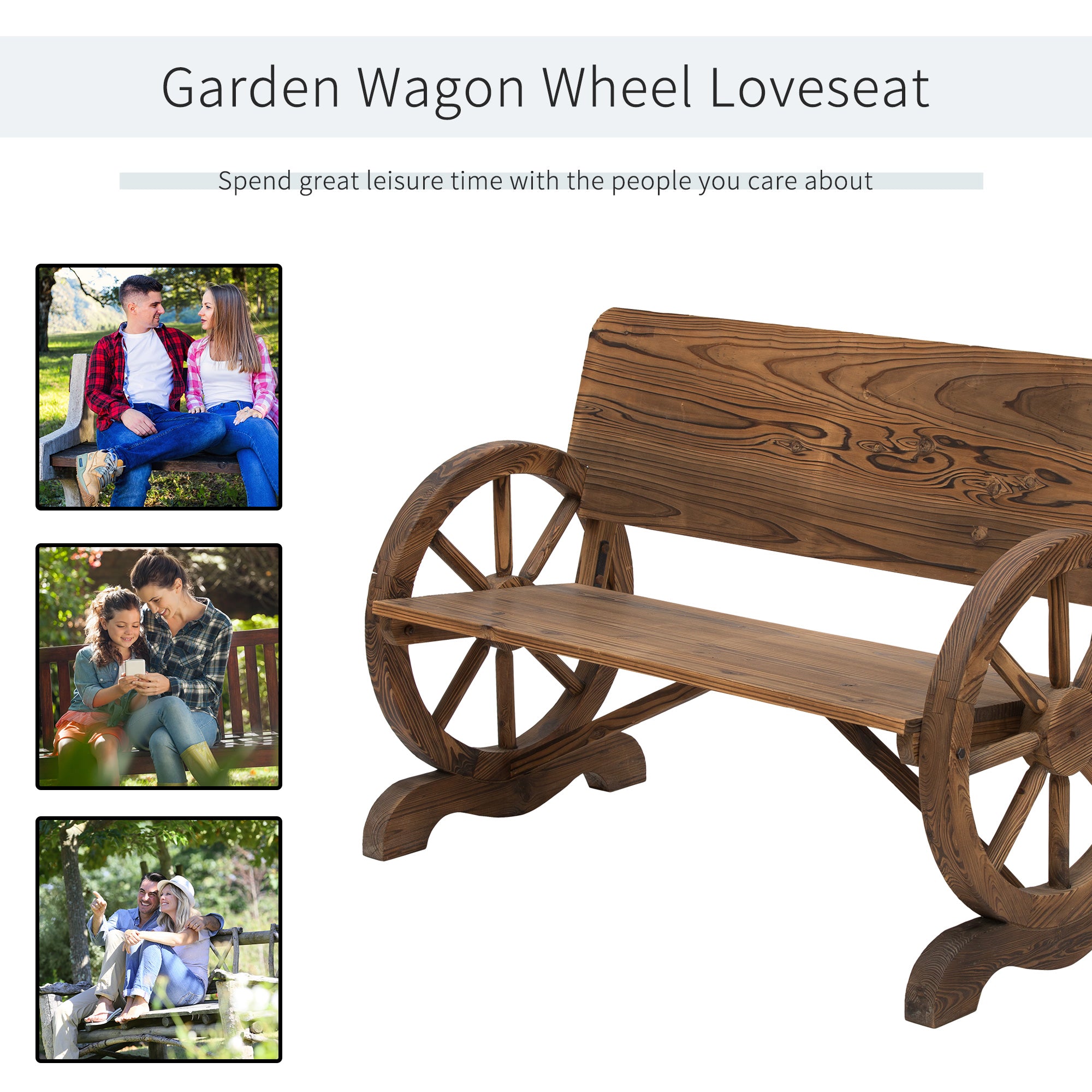 Outsunny Wooden Wagon Wheel Bench Rustic Design 2 Seater Garden Outdoor Chair High Back Loveseat