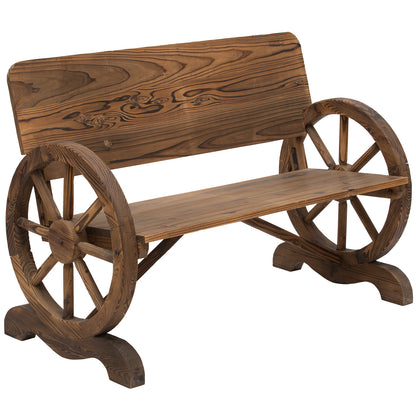 Outsunny Wooden Wagon Wheel Bench Rustic Design 2 Seater Garden Outdoor Chair High Back Loveseat