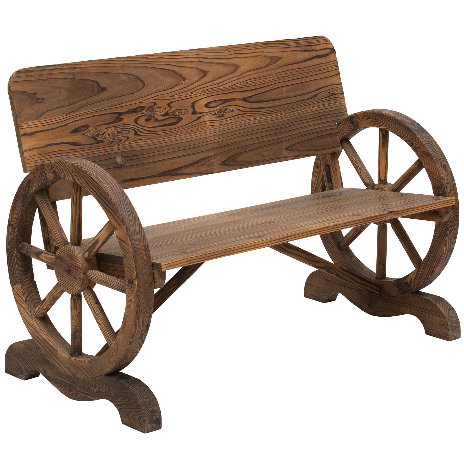 Outsunny Wooden Wagon Wheel Bench Rustic Design 2 Seater Garden Outdoor Chair High Back Loveseat