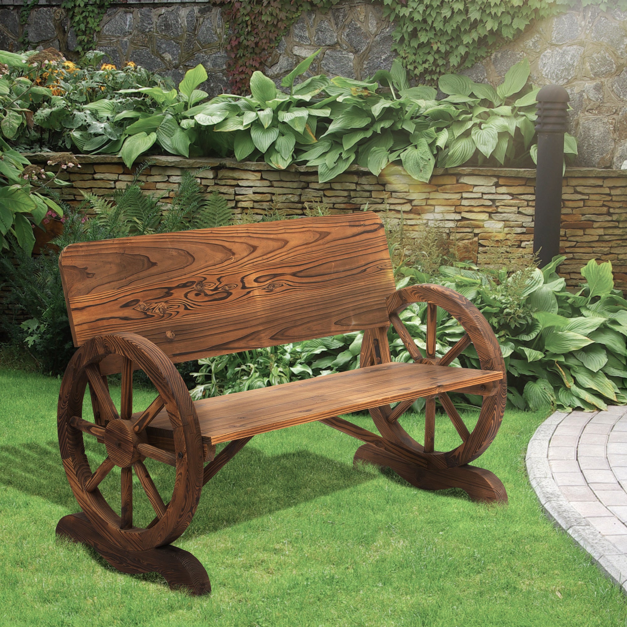 Outsunny Wooden Wagon Wheel Bench Rustic Design 2 Seater Garden Outdoor Chair High Back Loveseat