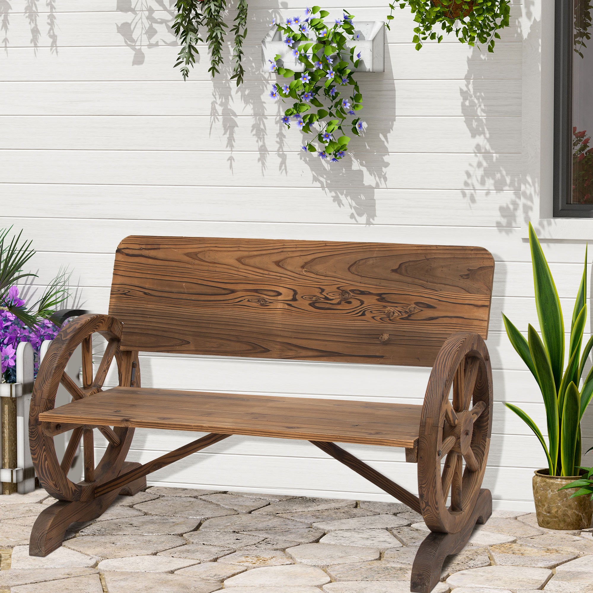 Outsunny Wooden Wagon Wheel Bench Rustic Design 2 Seater Garden Outdoor Chair High Back Loveseat