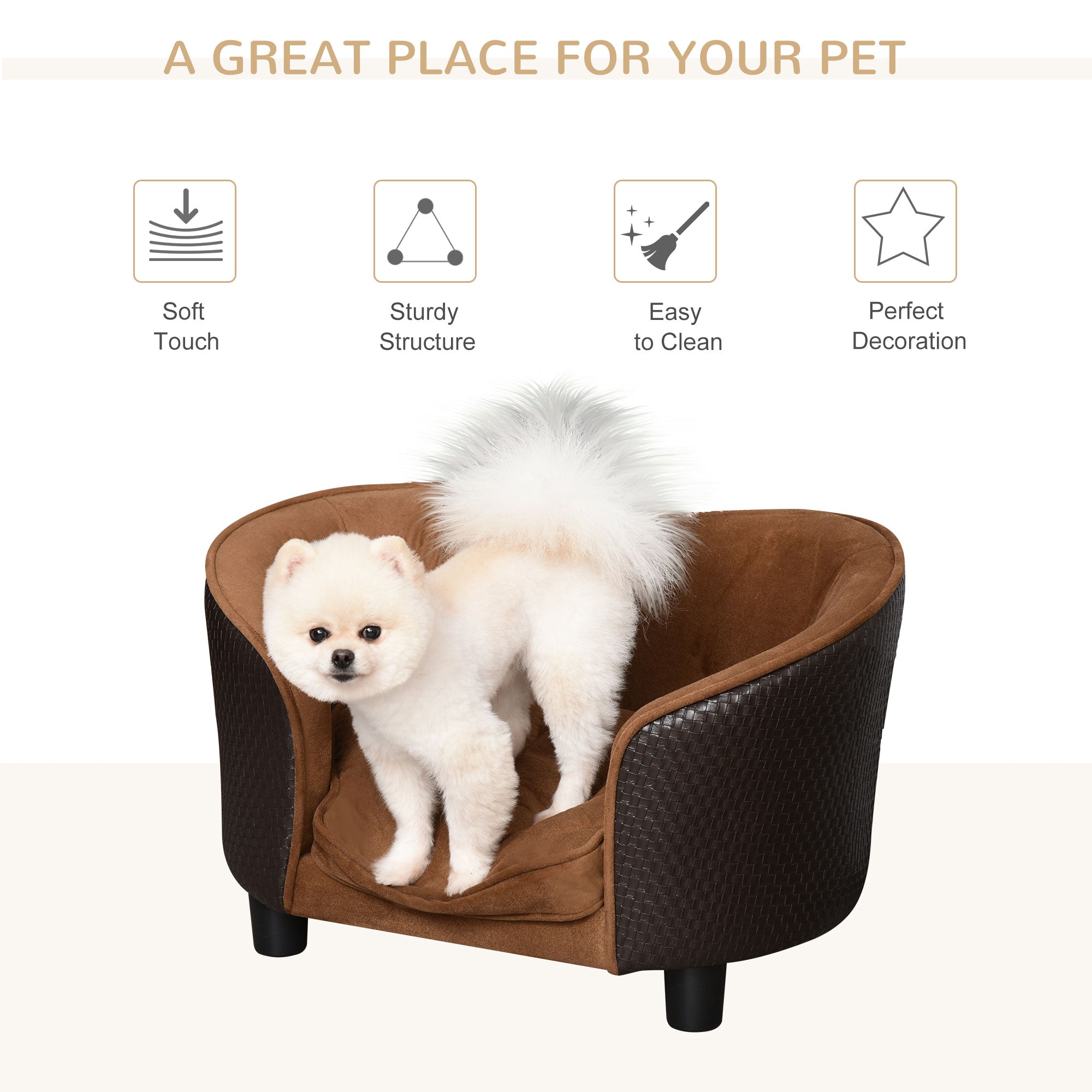 PawHut Rattan Style Pet Dog Cat Sofa Pet Bed Warm Dog Bed Chair with Removable Washable Cushion for Small Dogs