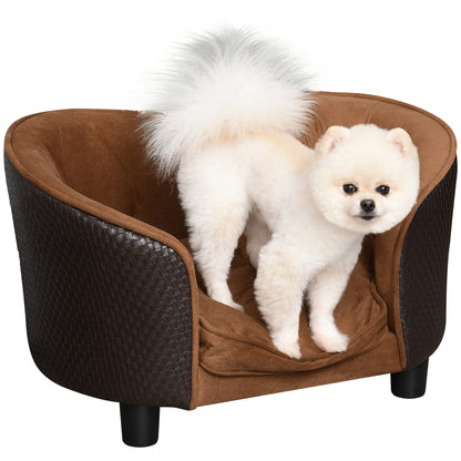PawHut Rattan Style Pet Dog Cat Sofa Pet Bed Warm Dog Bed Chair with Removable Washable Cushion for Small Dogs