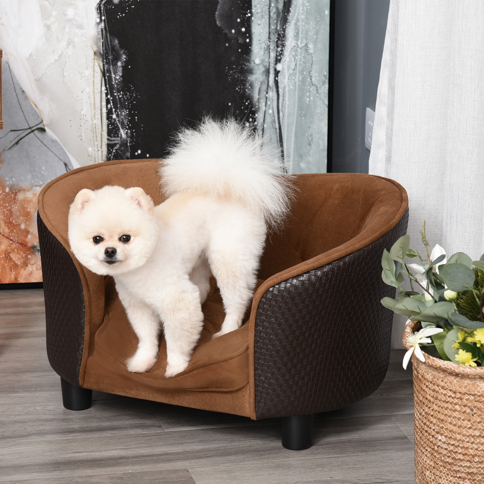 PawHut Rattan Style Pet Dog Cat Sofa Pet Bed Warm Dog Bed Chair with Removable Washable Cushion for Small Dogs