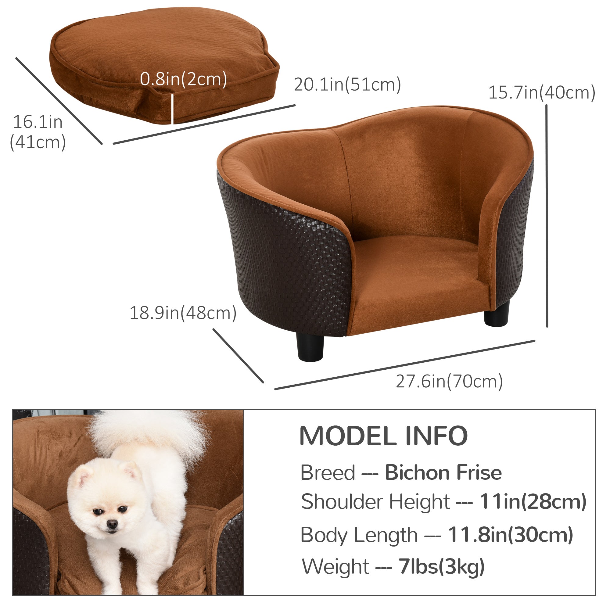 PawHut Rattan Style Pet Dog Cat Sofa Pet Bed Warm Dog Bed Chair with Removable Washable Cushion for Small Dogs