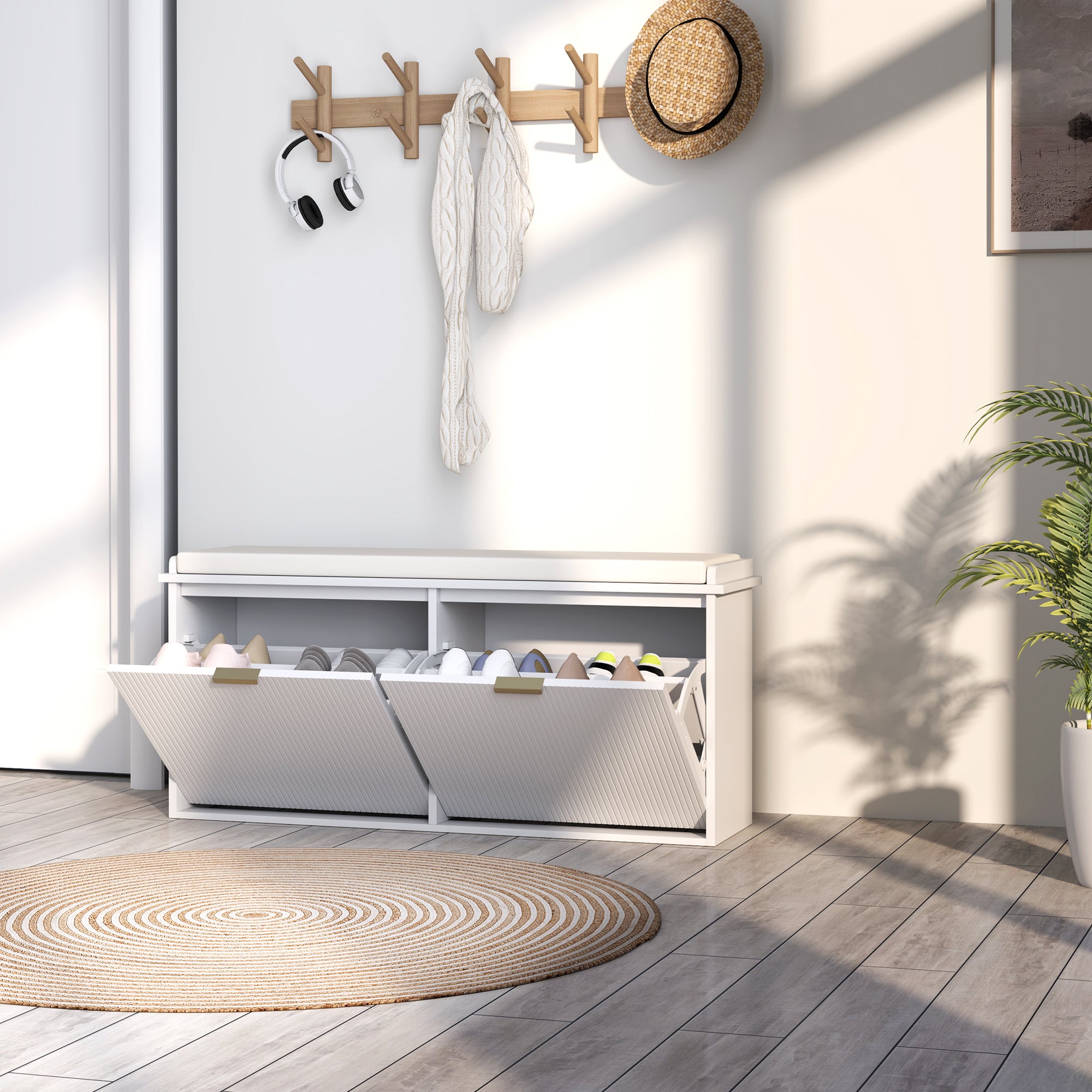 HOMCOM Shoe Bench with Padded Seat Cushion and 2 Flip-Drawers, Entryway Bench Holds up to 529lb, Shoe Organizer for 10 Pairs of Shoes, 40.9x10.2x18.7 Inches, White