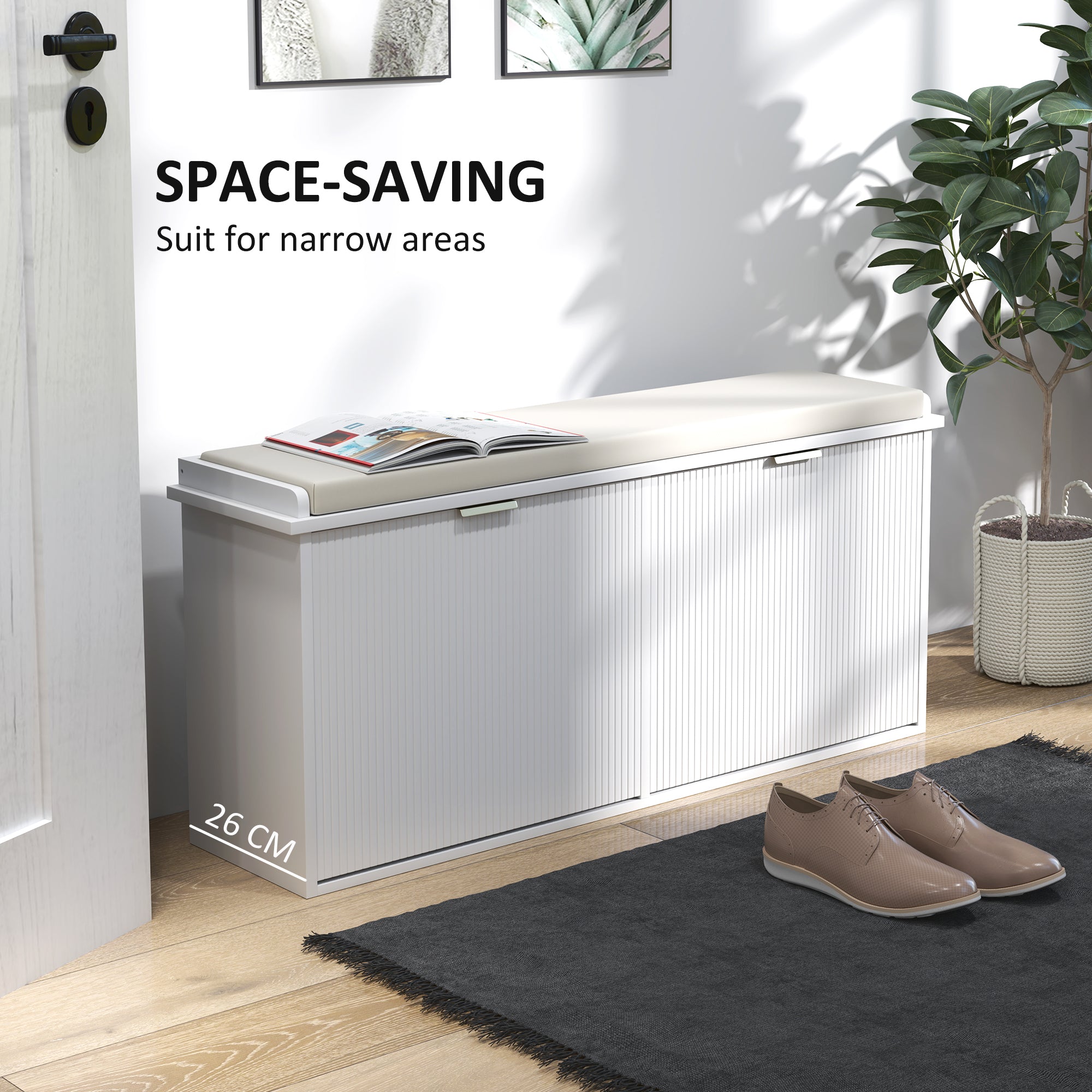 HOMCOM Shoe Bench with Padded Seat Cushion and 2 Flip-Drawers, Entryway Bench Holds up to 529lb, Shoe Organizer for 10 Pairs of Shoes, 40.9x10.2x18.7 Inches, White