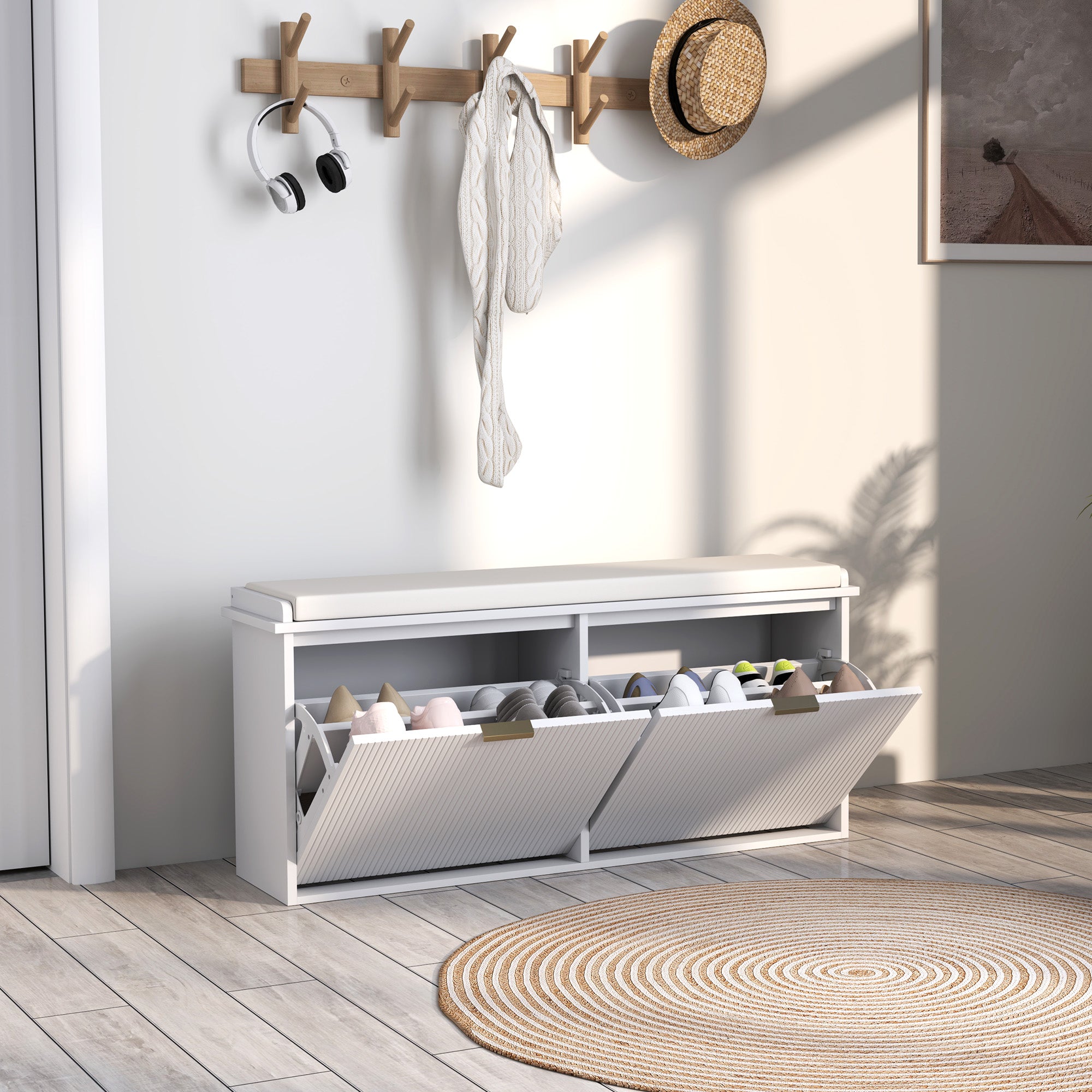 HOMCOM Shoe Bench with Padded Seat Cushion and 2 Flip-Drawers, Entryway Bench Holds up to 529lb, Shoe Organizer for 10 Pairs of Shoes, 40.9x10.2x18.7 Inches, White
