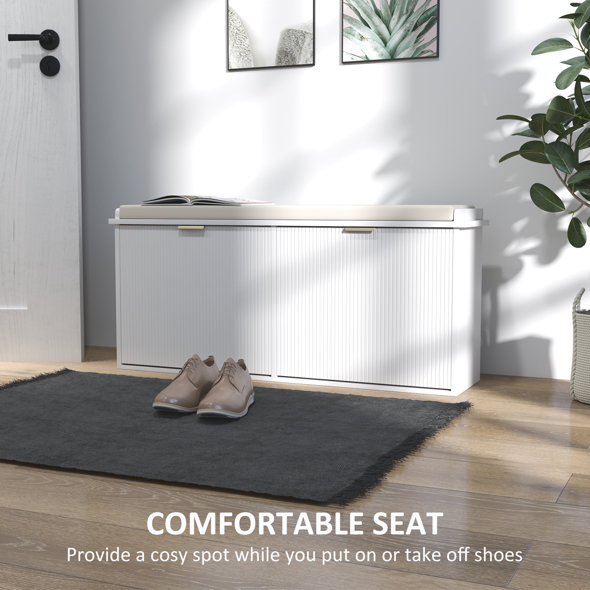 HOMCOM Shoe Bench with Padded Seat Cushion and 2 Flip-Drawers, Entryway Bench Holds up to 529lb, Shoe Organizer for 10 Pairs of Shoes, 40.9x10.2x18.7 Inches, White