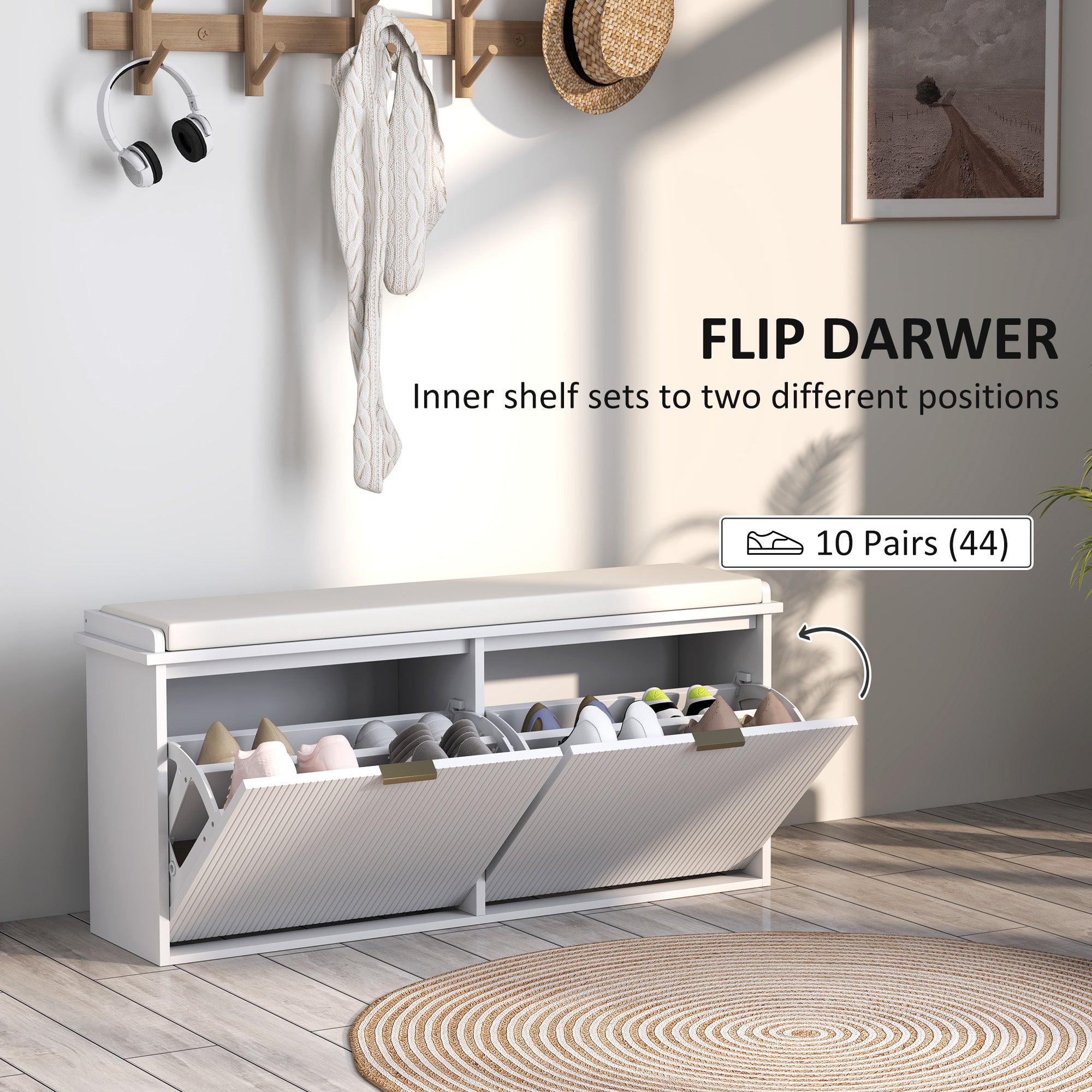 HOMCOM Shoe Bench with Padded Seat Cushion and 2 Flip-Drawers, Entryway Bench Holds up to 529lb, Shoe Organizer for 10 Pairs of Shoes, 40.9x10.2x18.7 Inches, White