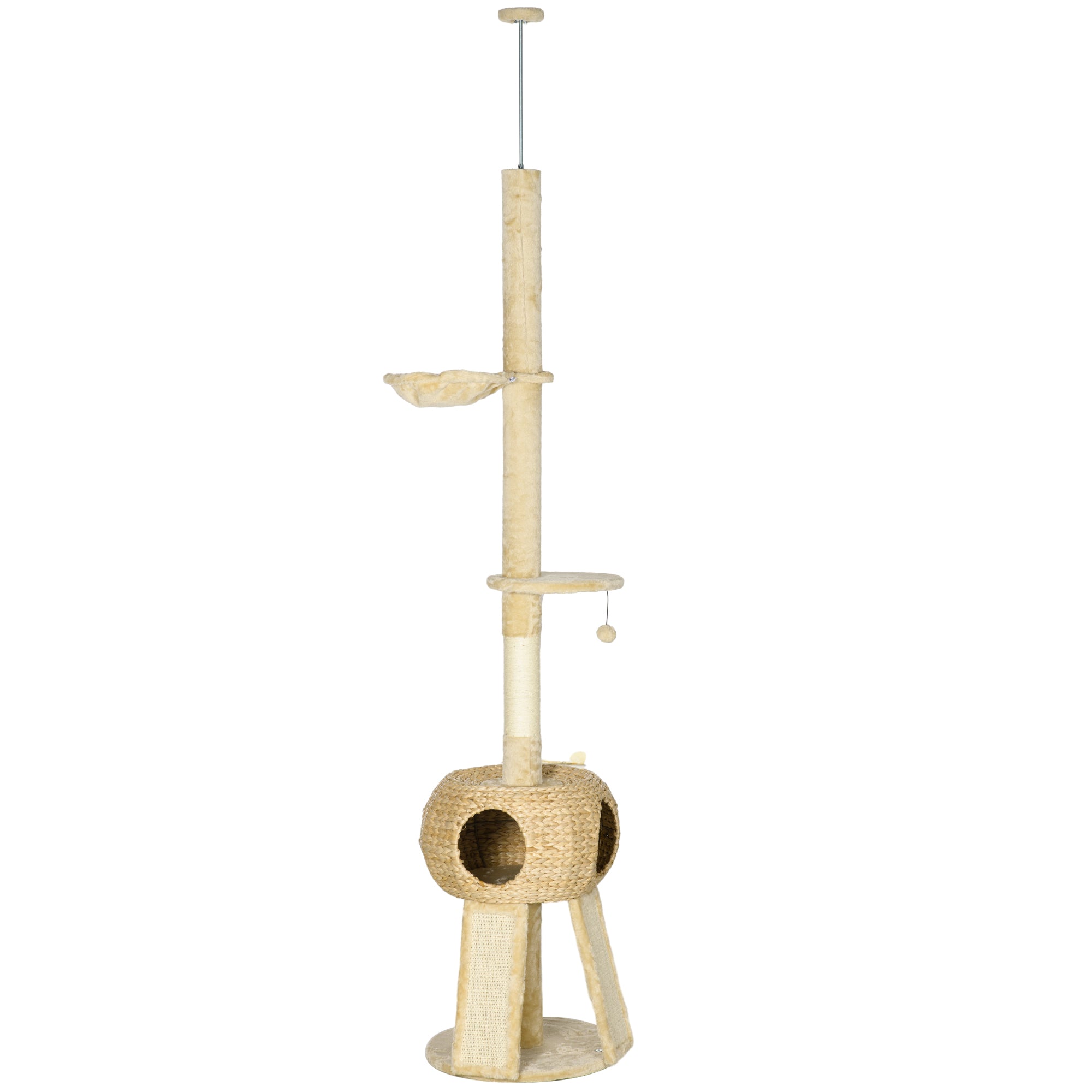 PawHut 255cm Cat Tree for Indoor Cats, Tall Cat Tower with Scratching Posts, Ramps, Hammock, Condo with Two Doors, Toy Balls, Platform, Beige