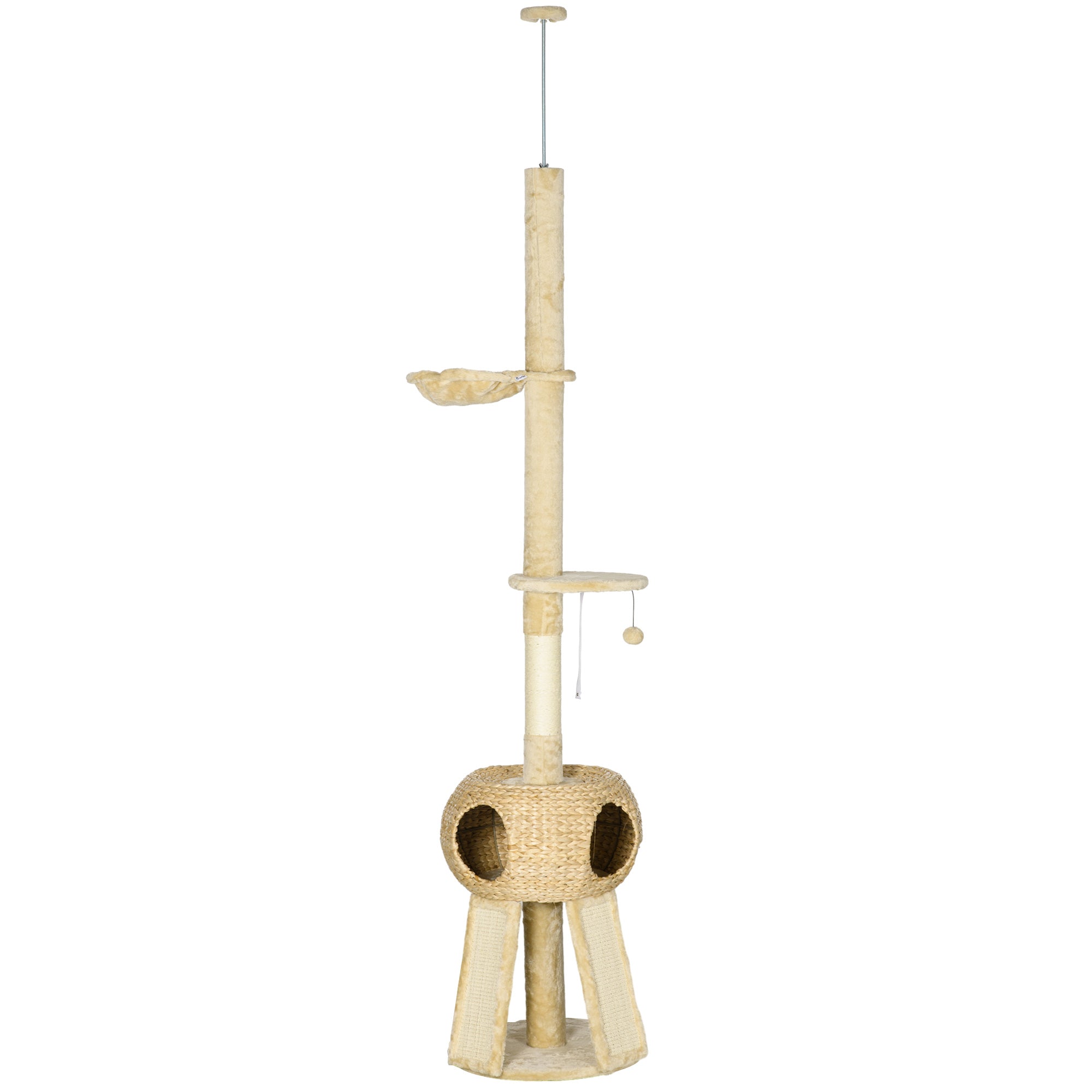 PawHut 255cm Cat Tree for Indoor Cats, Tall Cat Tower with Scratching Posts, Ramps, Hammock, Condo with Two Doors, Toy Balls, Platform, Beige