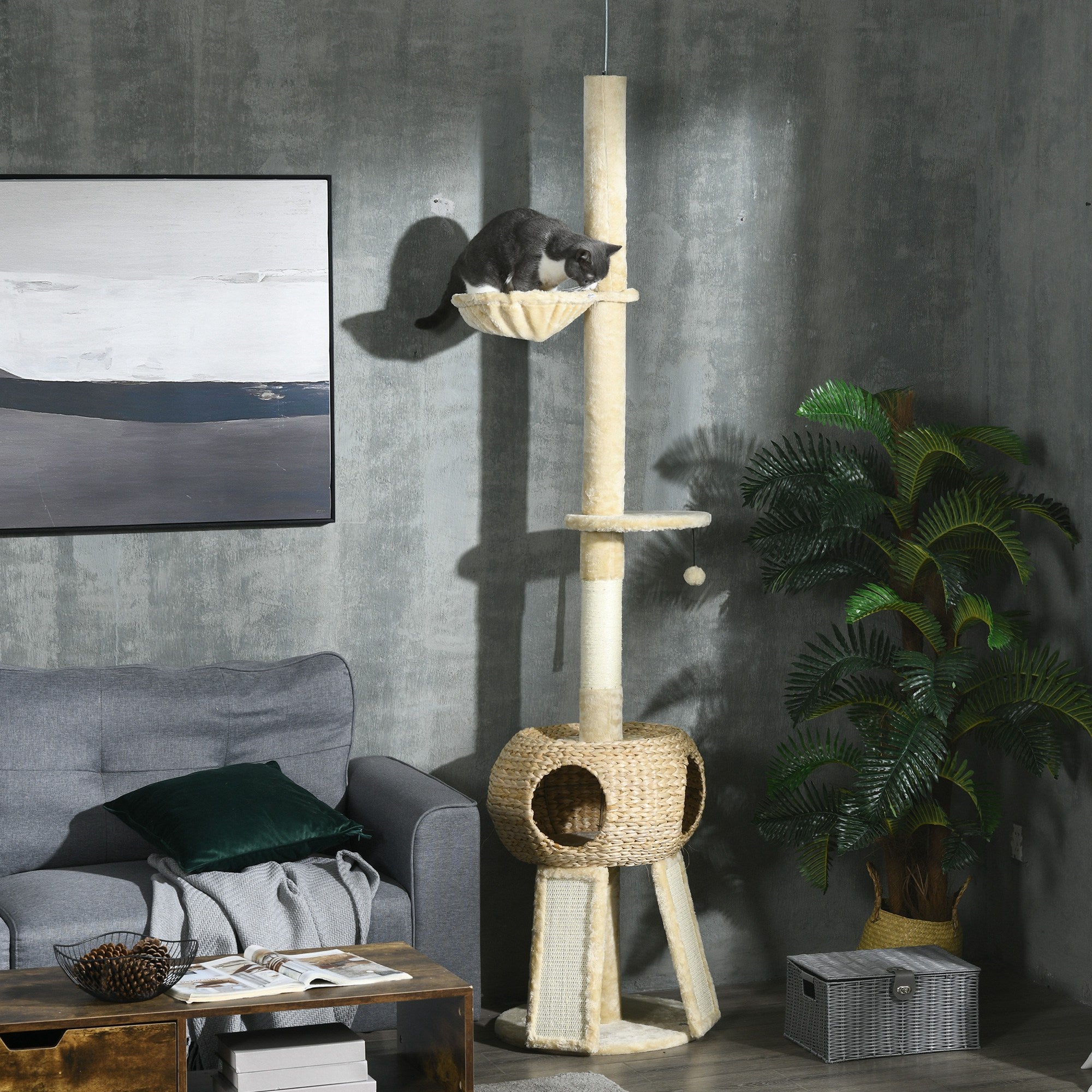 PawHut 255cm Cat Tree for Indoor Cats, Tall Cat Tower with Scratching Posts, Ramps, Hammock, Condo with Two Doors, Toy Balls, Platform, Beige