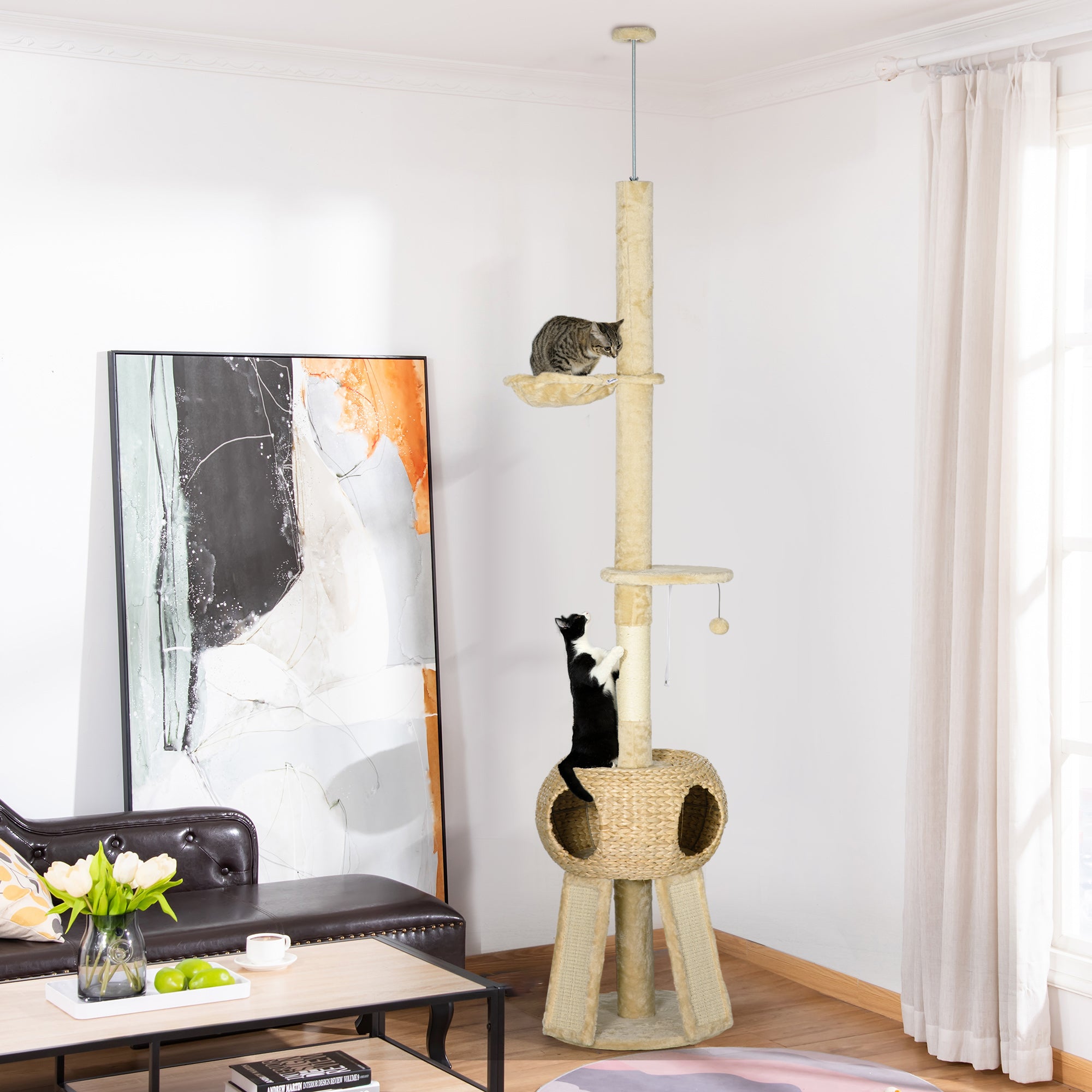 PawHut 255cm Cat Tree for Indoor Cats, Tall Cat Tower with Scratching Posts, Ramps, Hammock, Condo with Two Doors, Toy Balls, Platform, Beige