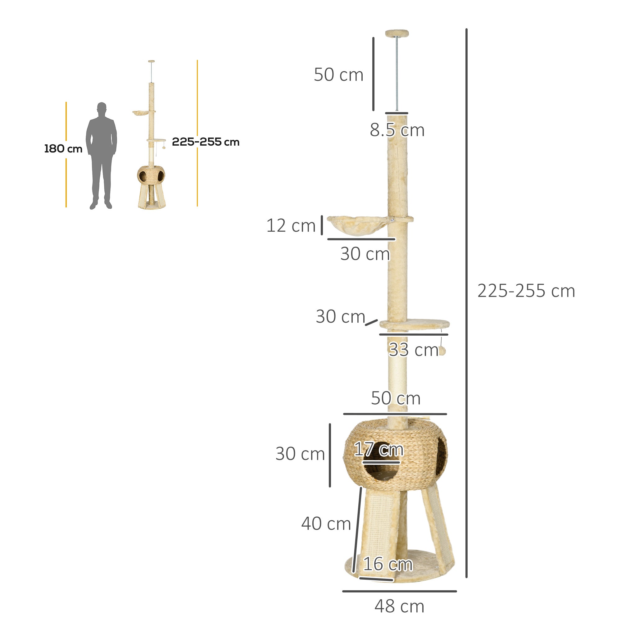 PawHut 255cm Cat Tree for Indoor Cats, Tall Cat Tower with Scratching Posts, Ramps, Hammock, Condo with Two Doors, Toy Balls, Platform, Beige