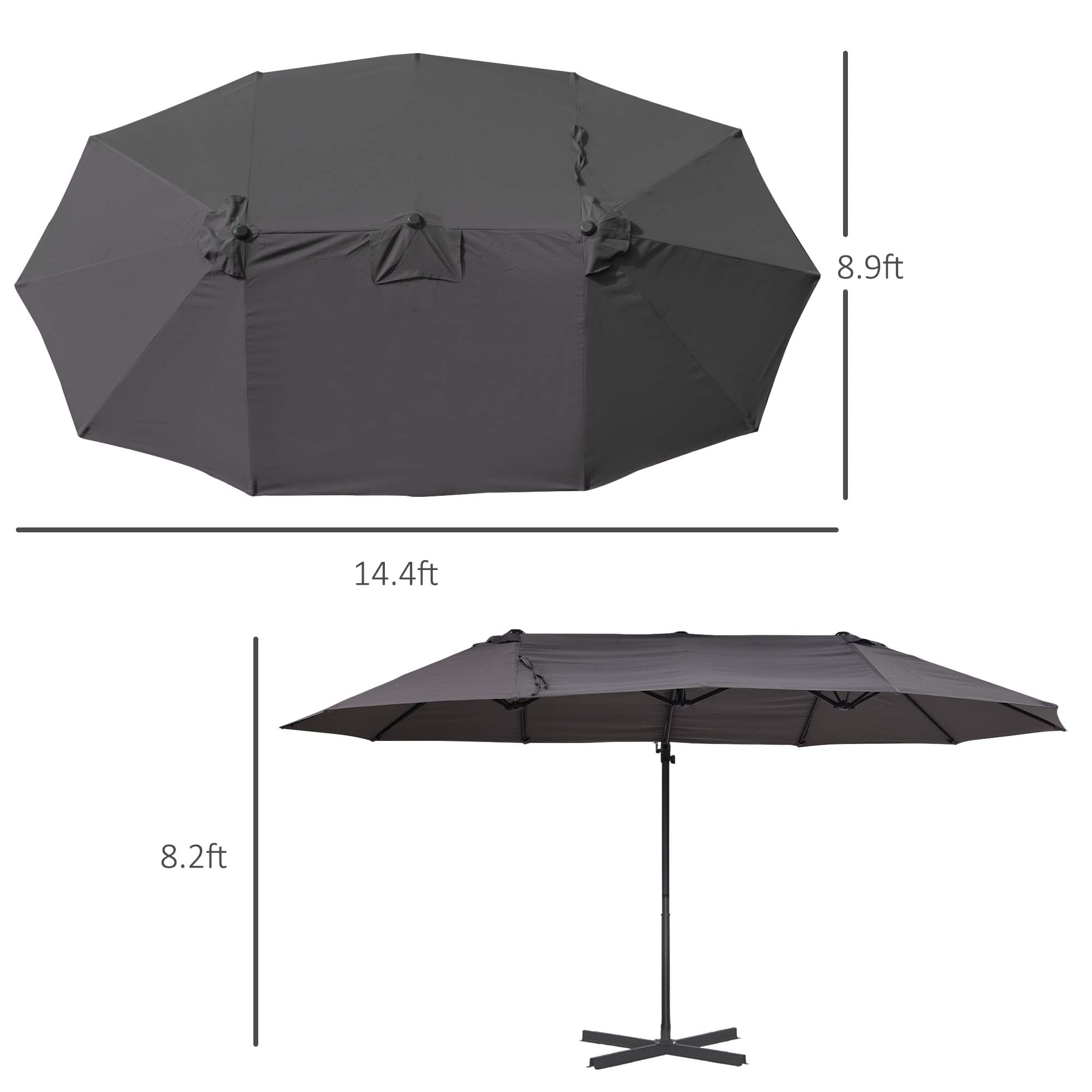 Outsunny 9' x 14' Outdoor Patio Umbrella Offset Cantilever Umbrella with Twin Canopy Sunshade Umbrella with Lift Crank Grey