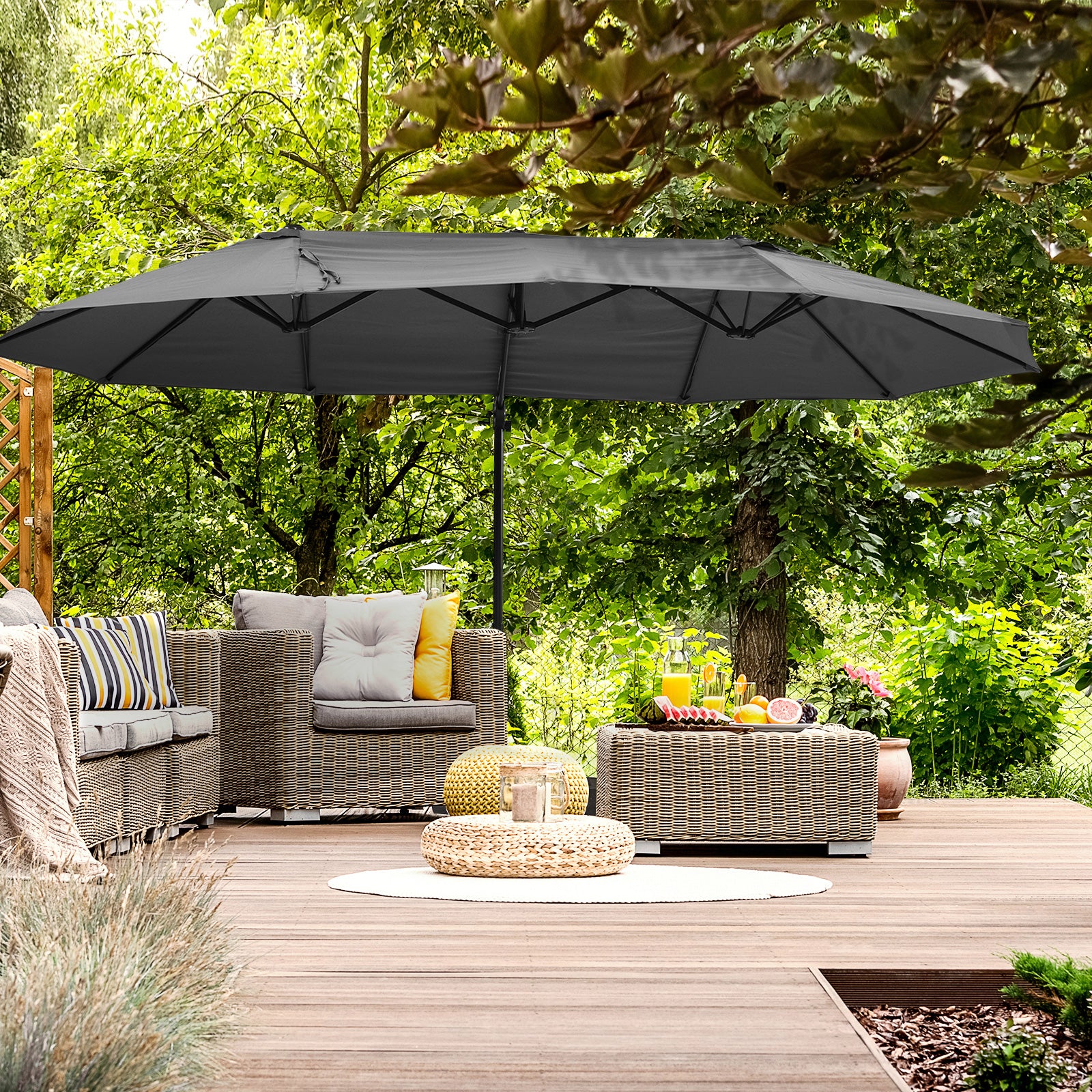 Outsunny 9' x 14' Outdoor Patio Umbrella Offset Cantilever Umbrella with Twin Canopy Sunshade Umbrella with Lift Crank Grey