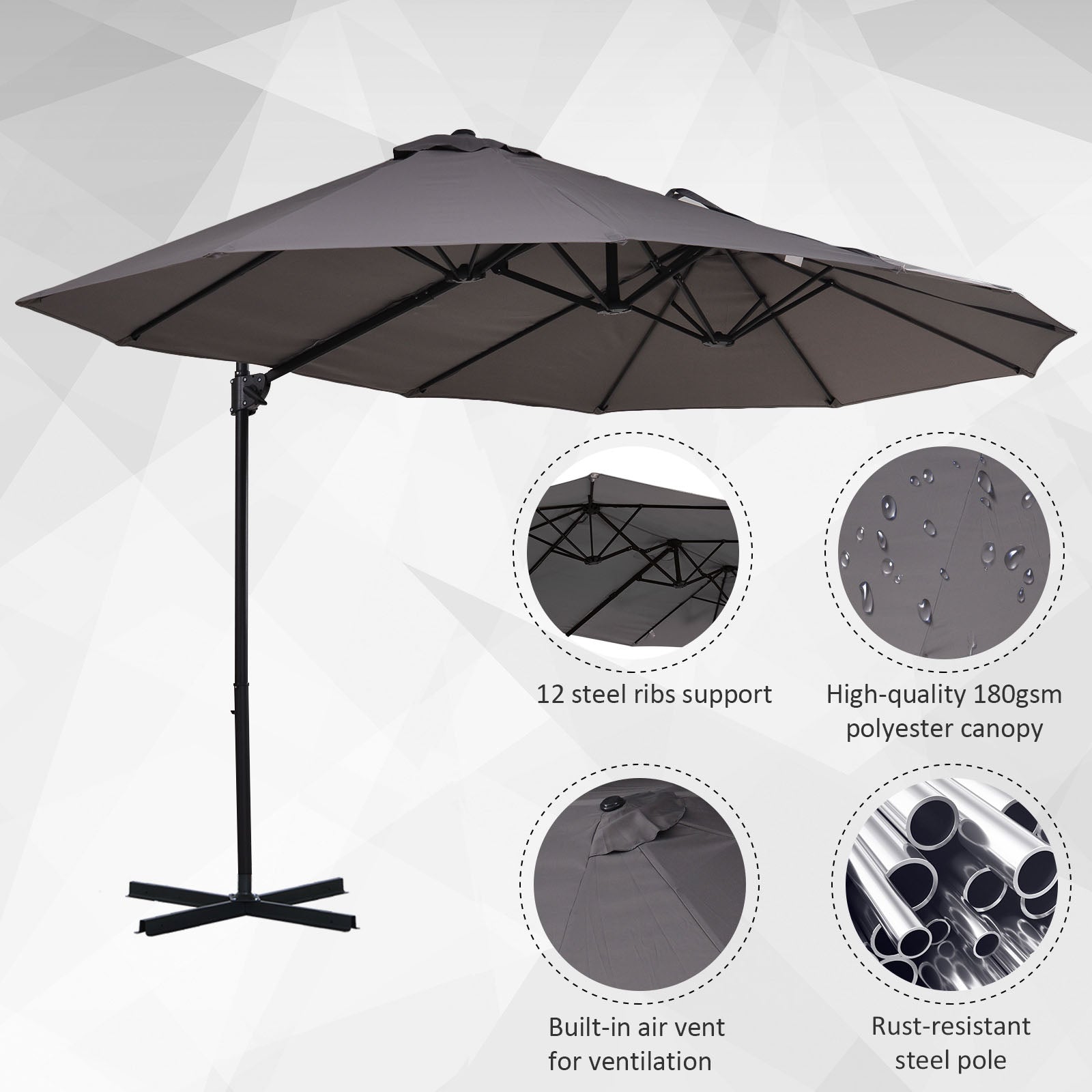 Outsunny 9' x 14' Outdoor Patio Umbrella Offset Cantilever Umbrella with Twin Canopy Sunshade Umbrella with Lift Crank Grey