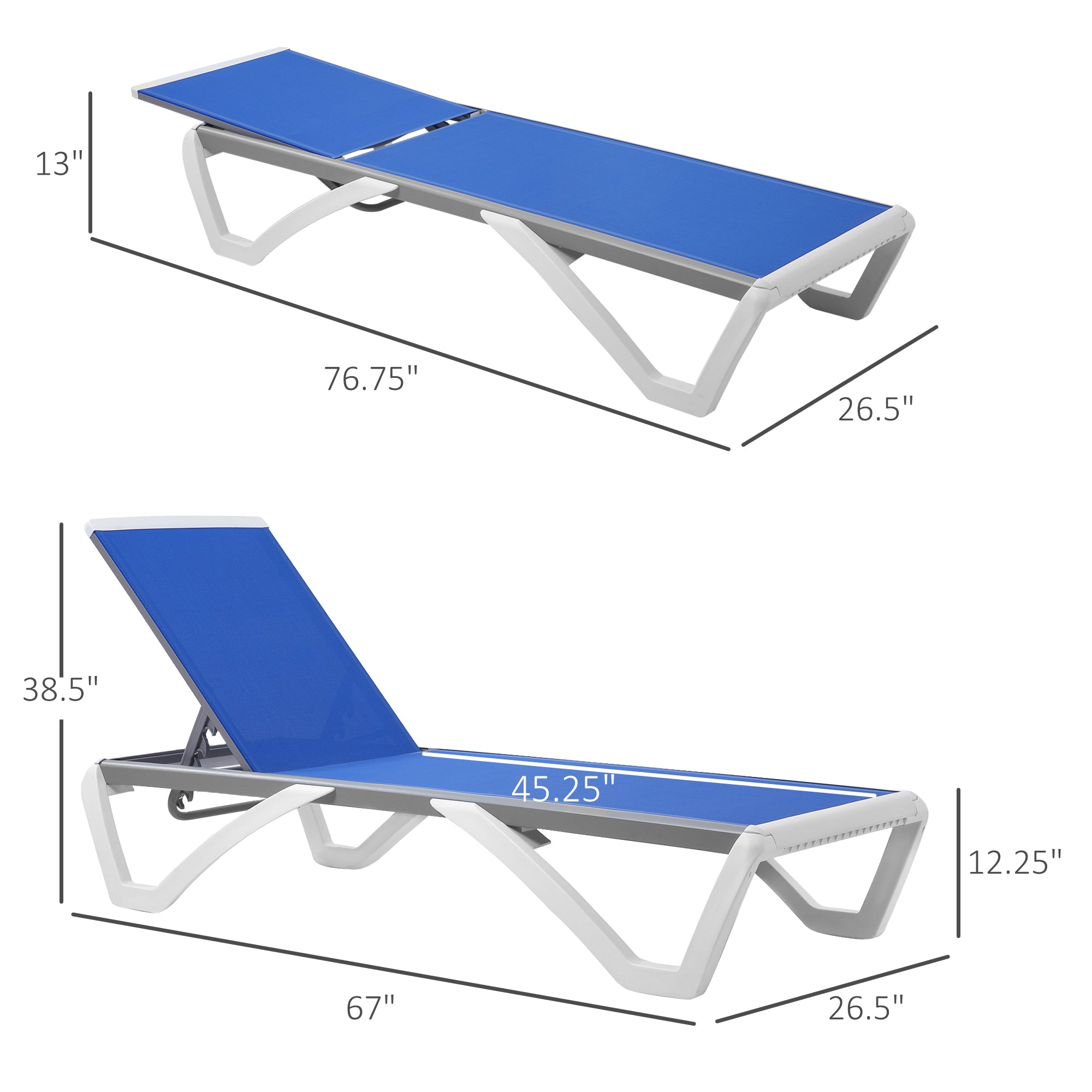 Outsunny Outdoor Chaise Lounge Chair, Patio Aluminum Tanning Chair with 5-Level Adjustable Back, Portable Wheels, Breathable Mesh Fabric, for Pool, Deck,  Garden, Blue