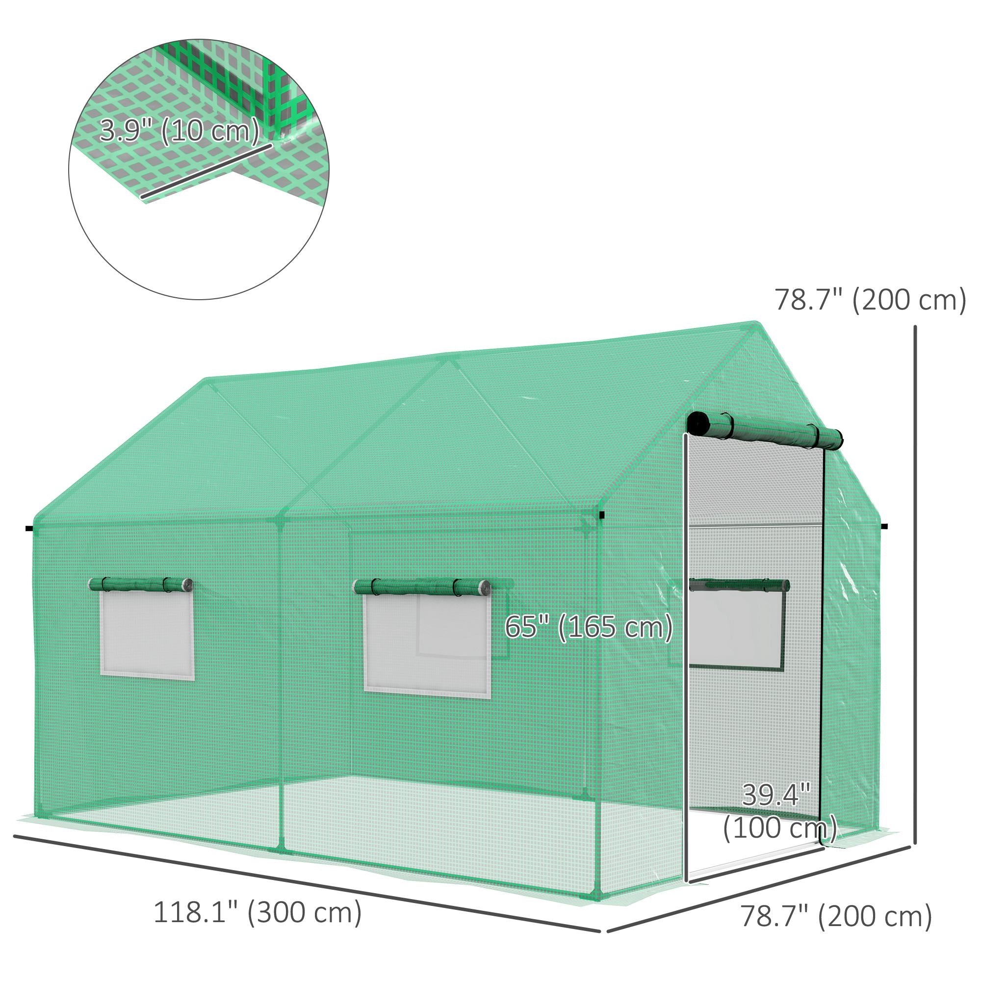 Outsunny 6.6' x 10' x 6.6' Tunnel Greenhouse with Roll-up Door and Mesh Windows, Walk-in Green House with PE Cover and Steel Frame, Garden Plants Growing Warm House Tent, Green