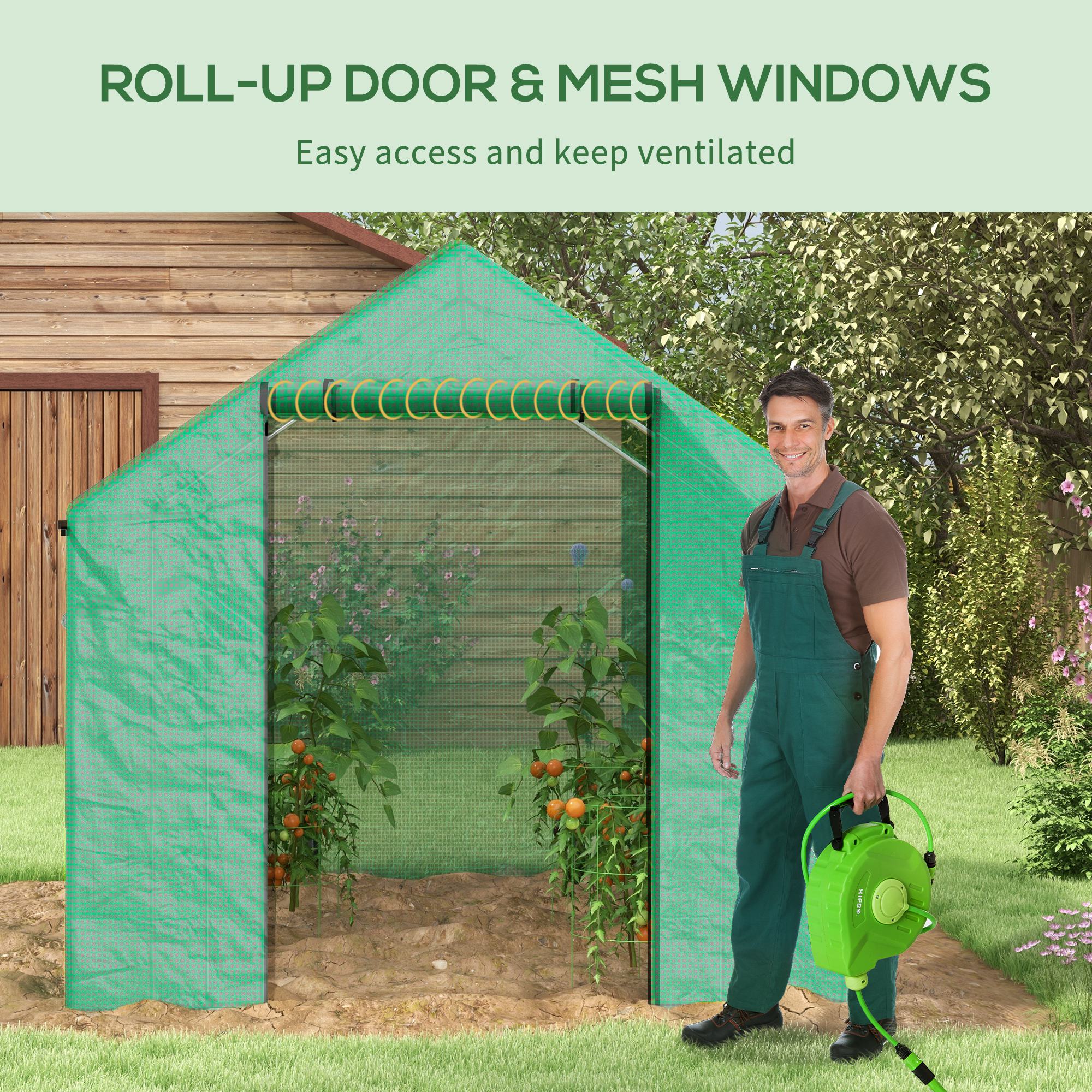 Outsunny 6.6' x 10' x 6.6' Tunnel Greenhouse with Roll-up Door and Mesh Windows, Walk-in Green House with PE Cover and Steel Frame, Garden Plants Growing Warm House Tent, Green