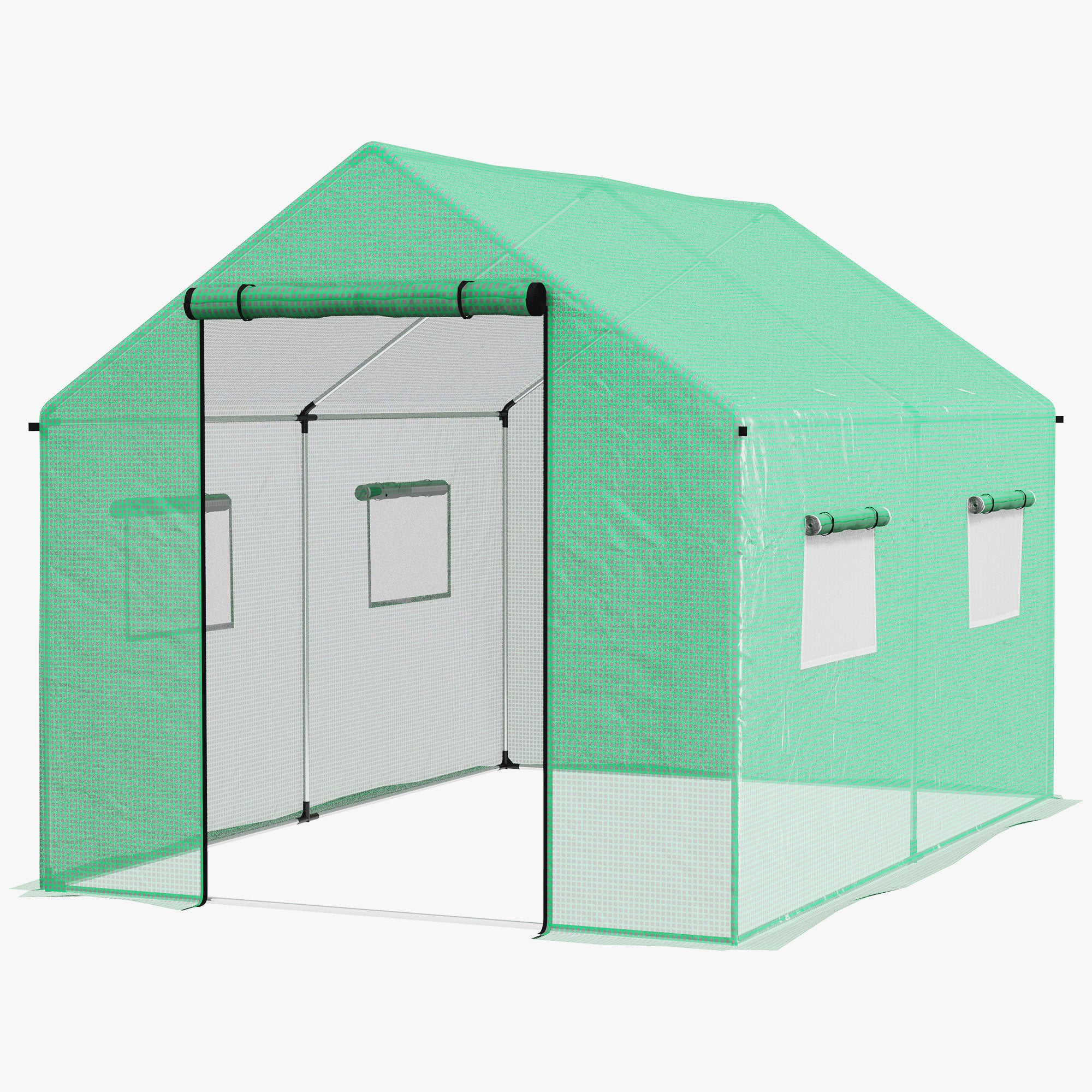 Outsunny 6.6' x 10' x 6.6' Tunnel Greenhouse with Roll-up Door and Mesh Windows, Walk-in Green House with PE Cover and Steel Frame, Garden Plants Growing Warm House Tent, Green