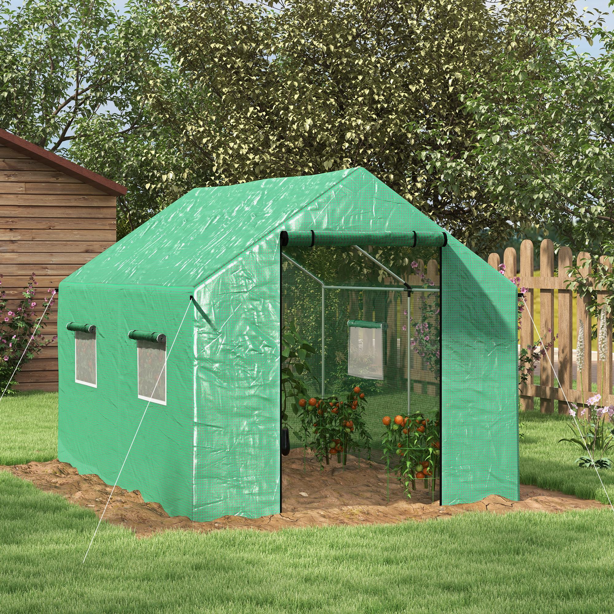 Outsunny 6.6' x 10' x 6.6' Tunnel Greenhouse with Roll-up Door and Mesh Windows, Walk-in Green House with PE Cover and Steel Frame, Garden Plants Growing Warm House Tent, Green