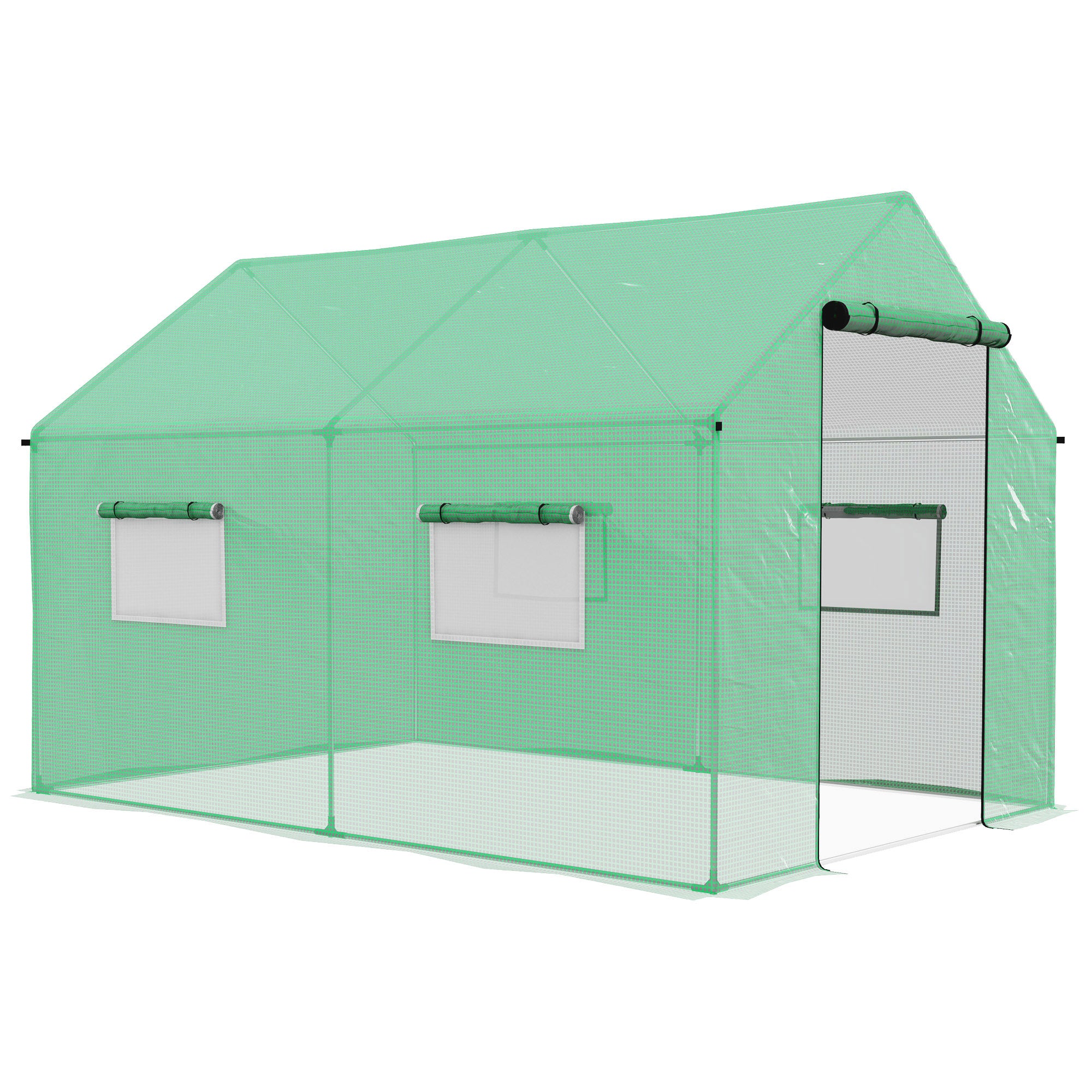 Outsunny 6.6' x 10' x 6.6' Tunnel Greenhouse with Roll-up Door and Mesh Windows, Walk-in Green House with PE Cover and Steel Frame, Garden Plants Growing Warm House Tent, Green