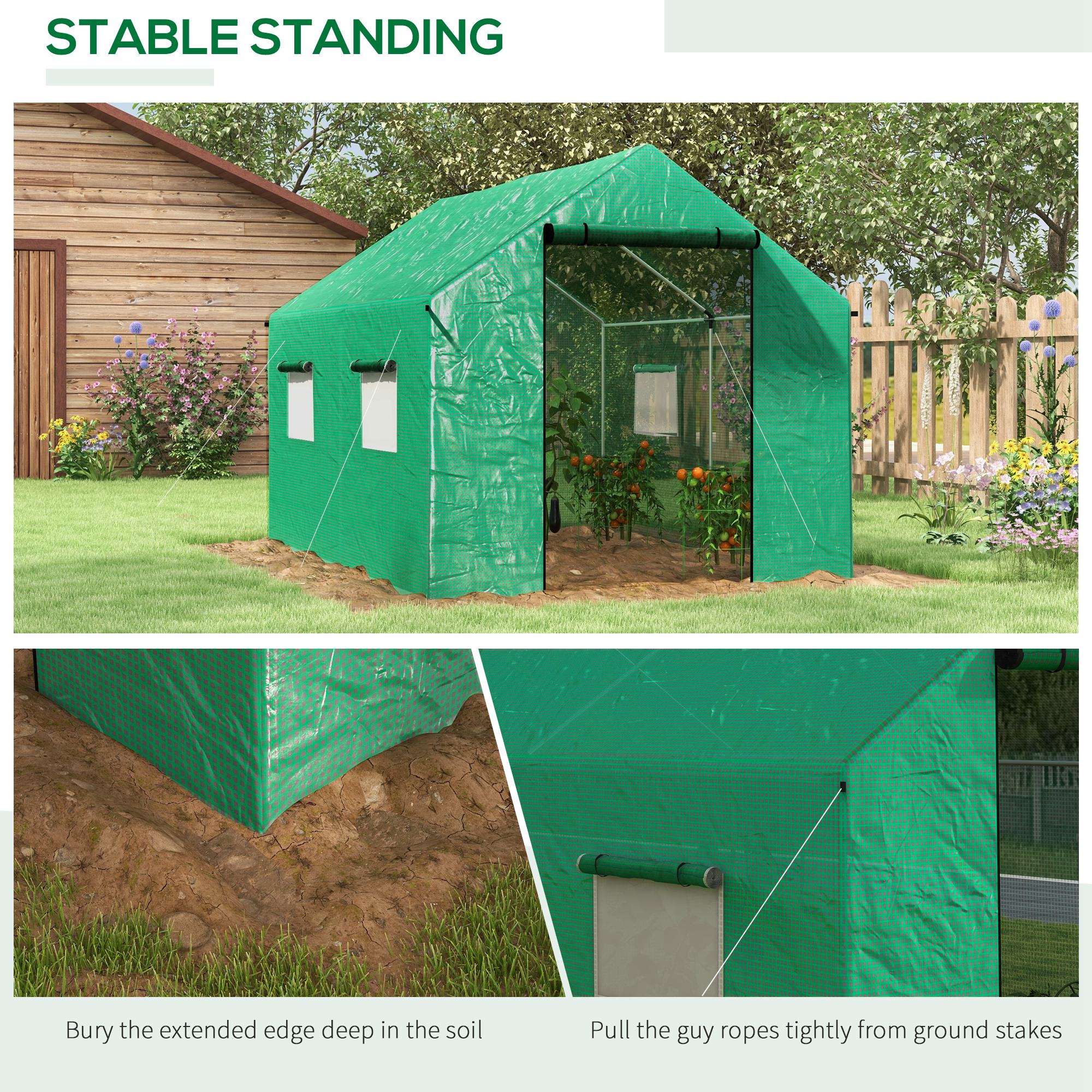 Outsunny 6.6' x 10' x 6.6' Tunnel Greenhouse with Roll-up Door and Mesh Windows, Walk-in Green House with PE Cover and Steel Frame, Garden Plants Growing Warm House Tent, Green