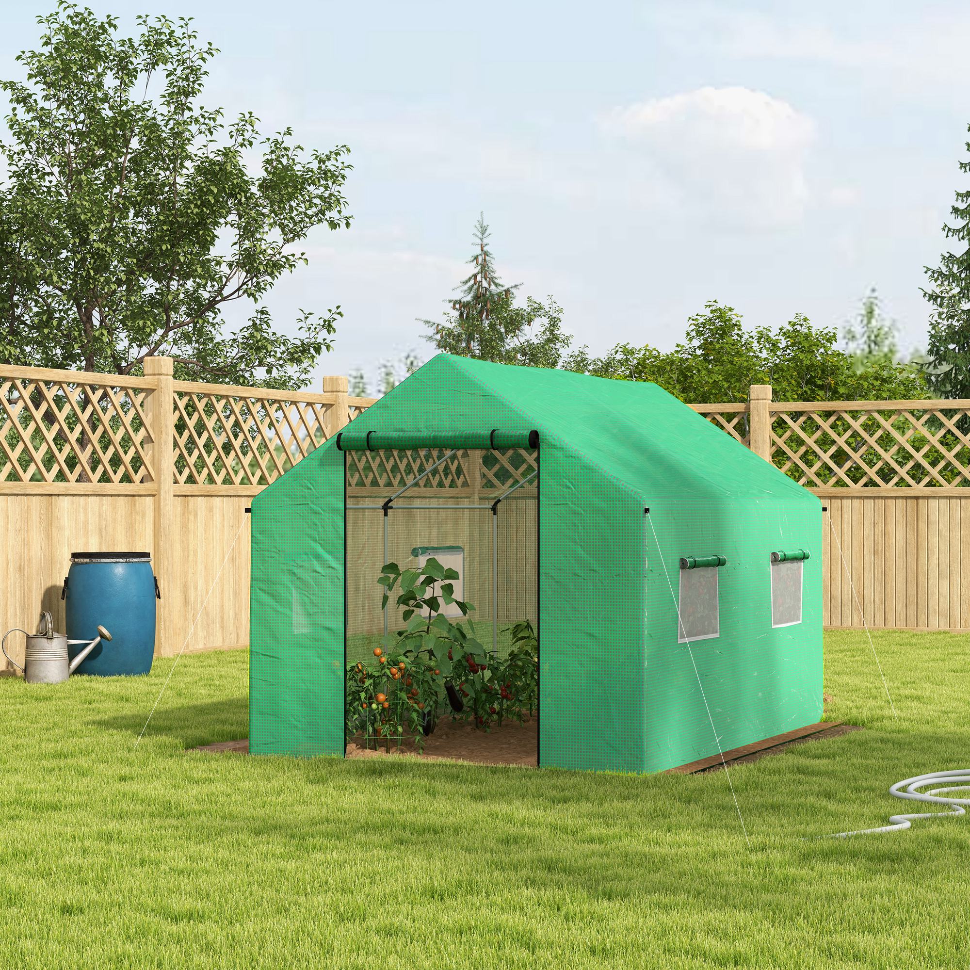 Outsunny 6.6' x 10' x 6.6' Tunnel Greenhouse with Roll-up Door and Mesh Windows, Walk-in Green House with PE Cover and Steel Frame, Garden Plants Growing Warm House Tent, Green