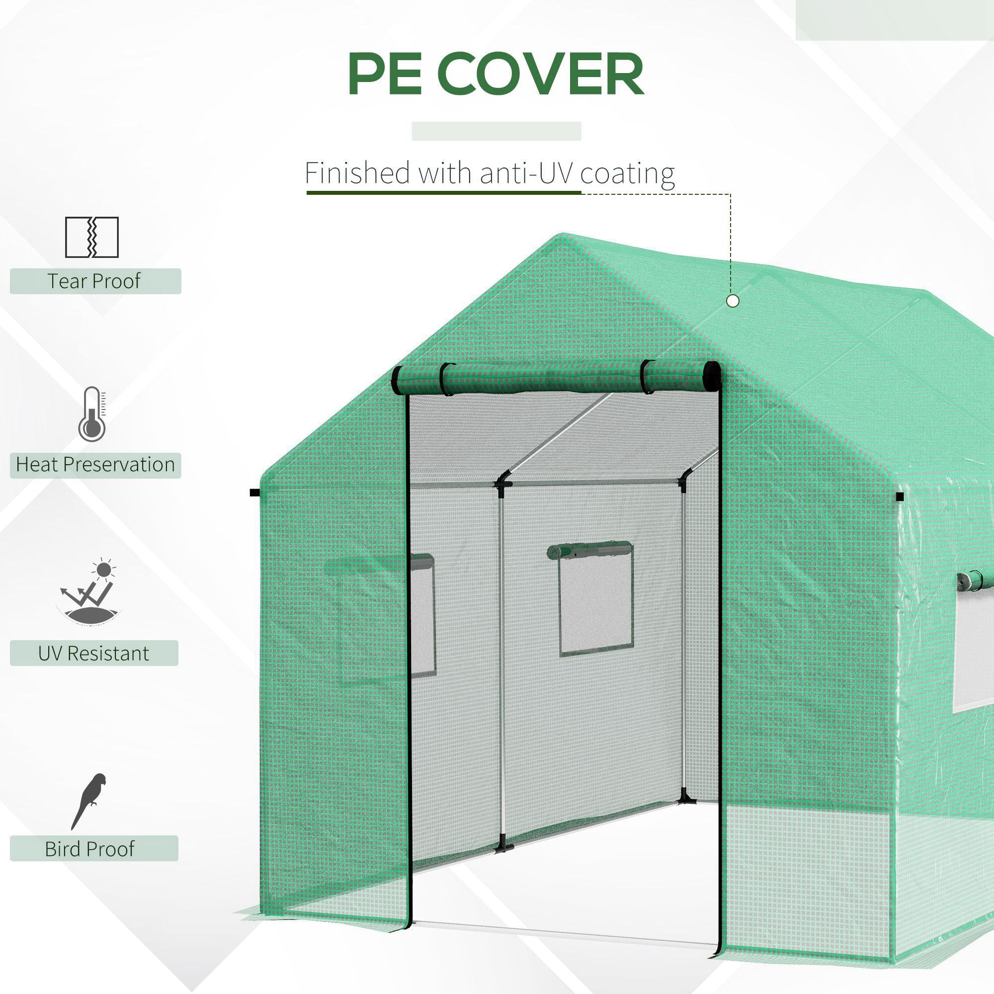 Outsunny 6.6' x 10' x 6.6' Tunnel Greenhouse with Roll-up Door and Mesh Windows, Walk-in Green House with PE Cover and Steel Frame, Garden Plants Growing Warm House Tent, Green