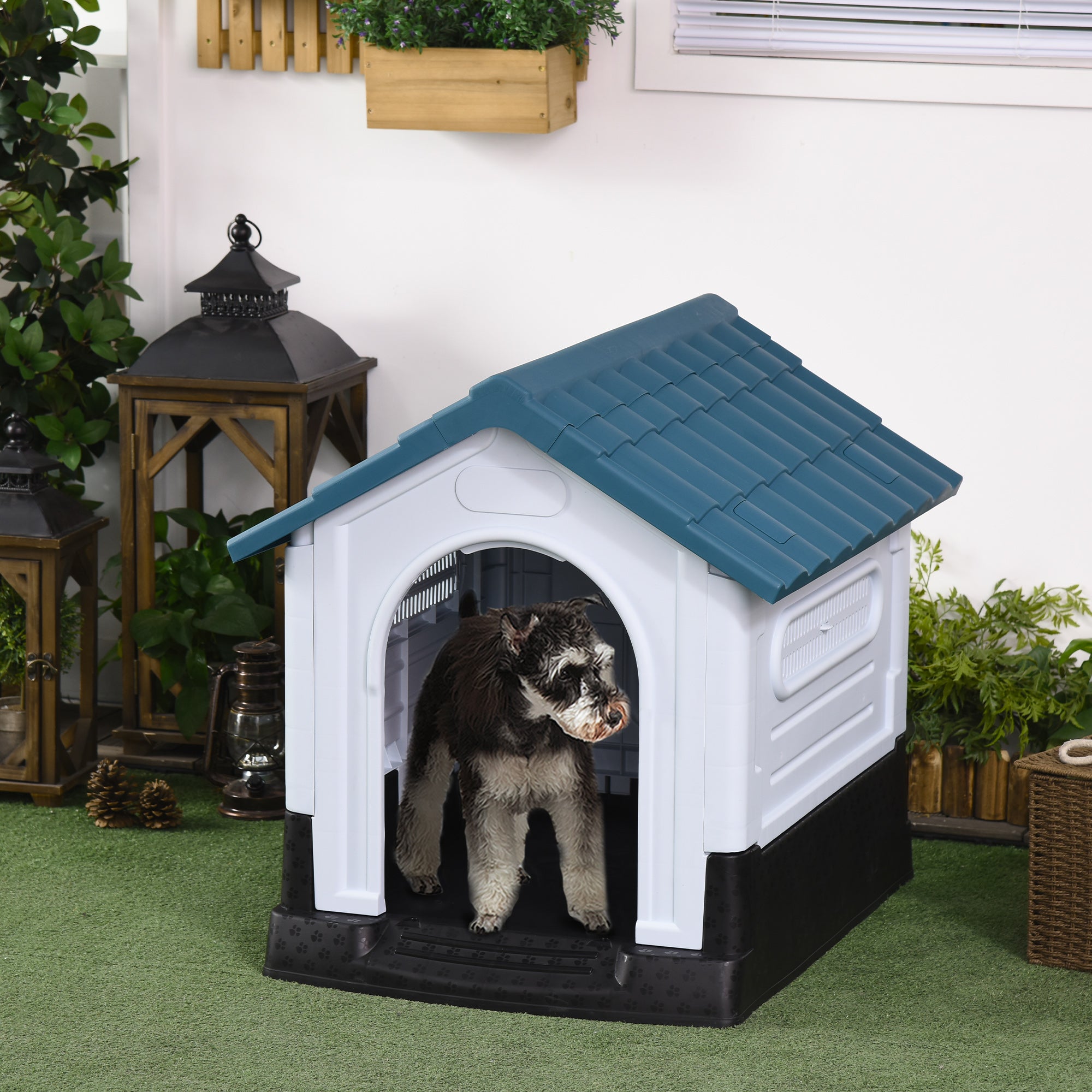 PawHut Dog Kennel for Outside, Plastic Dog House, Water-Resistant Pet Shelter with Windows, for Garden Patio, Miniature Dogs, 64.5 x 57 x 66cm - Blue