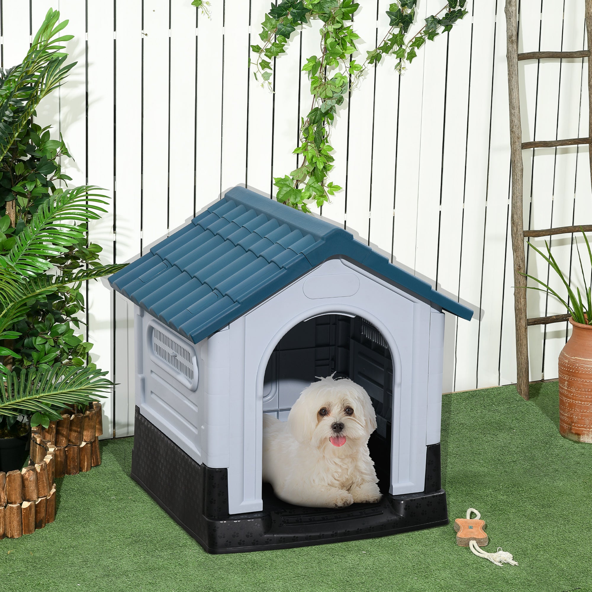 PawHut Dog Kennel for Outside, Plastic Dog House, Water-Resistant Pet Shelter with Windows, for Garden Patio, Miniature Dogs, 64.5 x 57 x 66cm - Blue