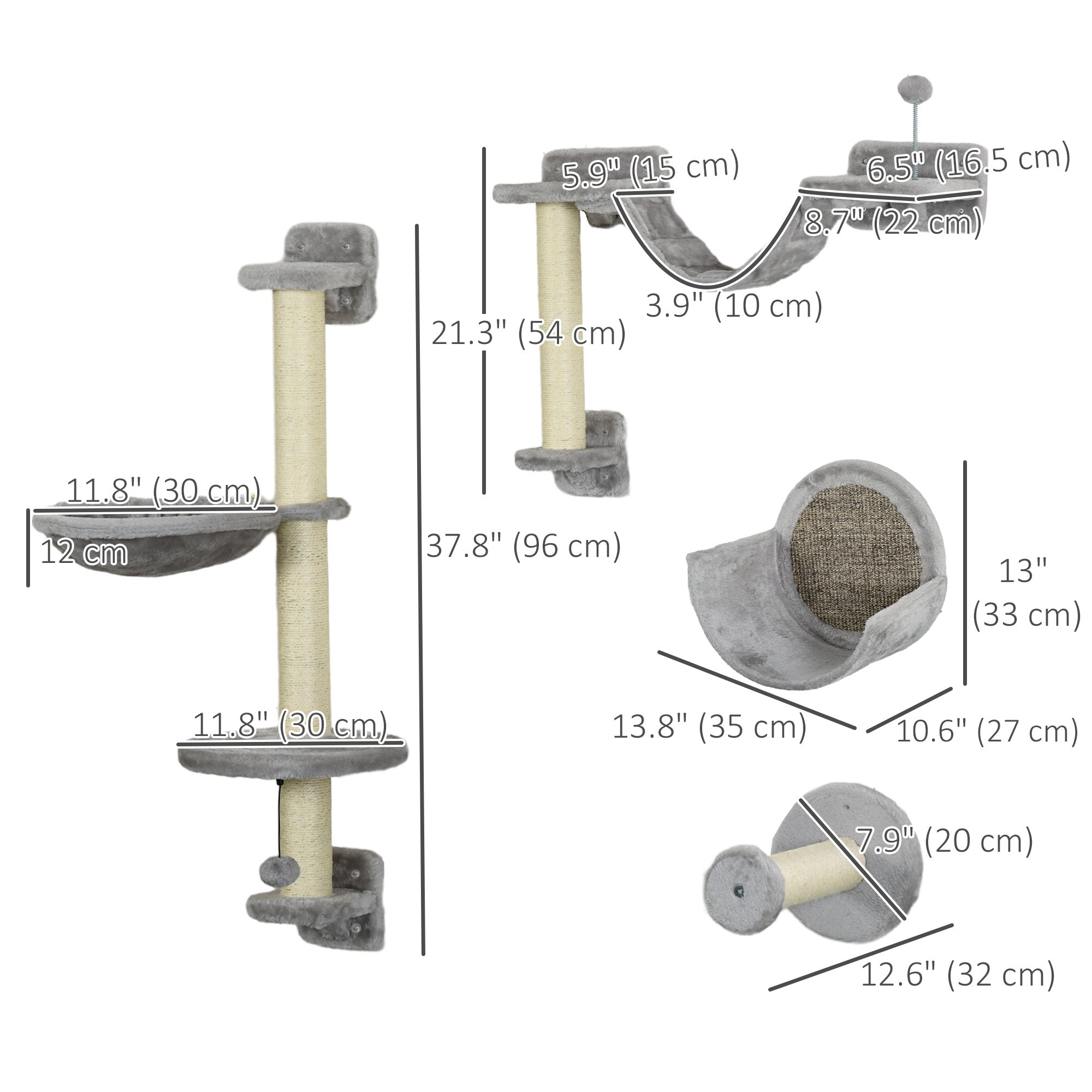 PawHut Cat Wall Shelves, 5PCs Cat Shelves with Scratching Post, Perches, Bridge, Steps, Condo, Hammock, Wall Mounted Cat Climber, Light Grey