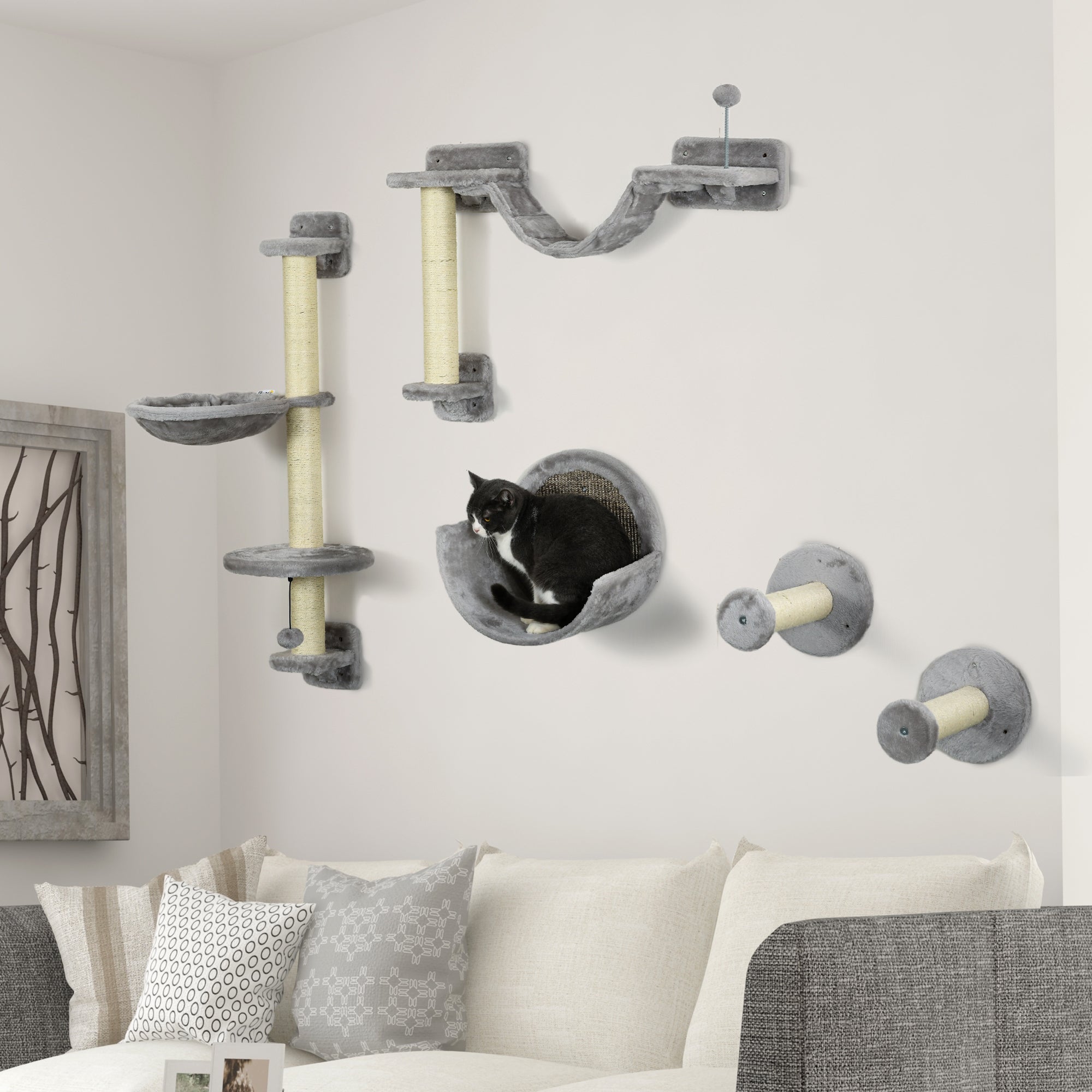 PawHut Cat Wall Shelves, 5PCs Cat Shelves with Scratching Post, Perches, Bridge, Steps, Condo, Hammock, Wall Mounted Cat Climber, Light Grey